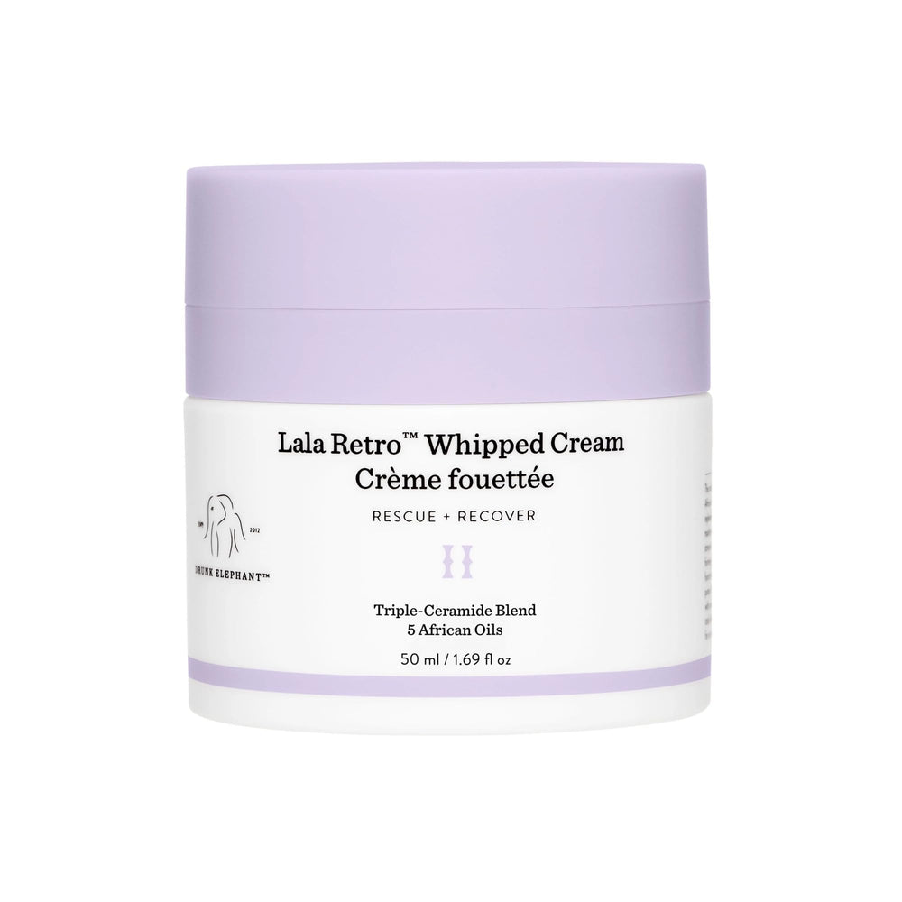 Drunk Elephant Lala Retro Whipped Cream jar showing rich moisturizing texture.