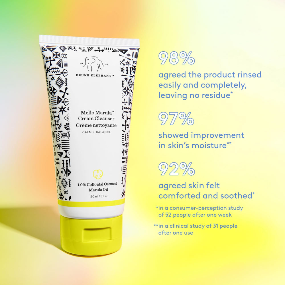 Drunk Elephant Mello Marula Cream Cleanser on the face for soothing, balanced cleansing.