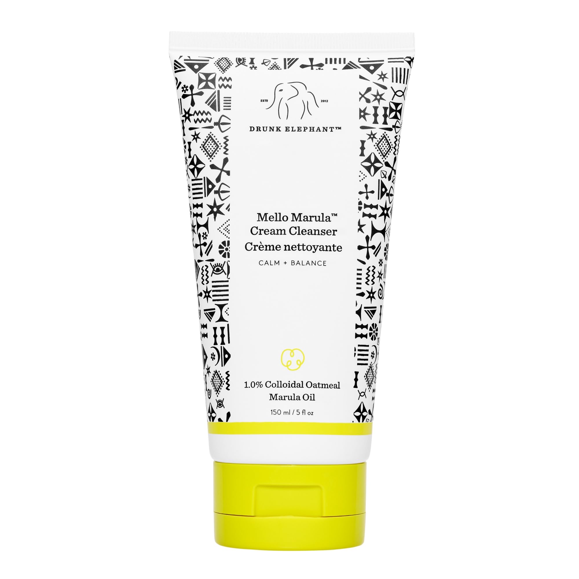 Drunk Elephant Mello Marula Cream Cleanser jar closeup shows creamy texture for gentle cleansing.