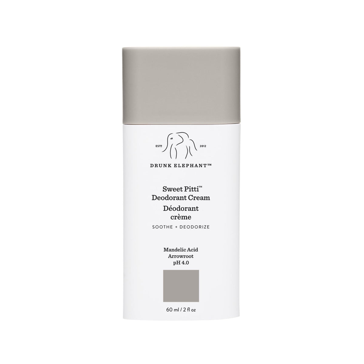 Drunk Elephant Sweet Pitti crema, botella 60 ml, controla el olor con suavidad.