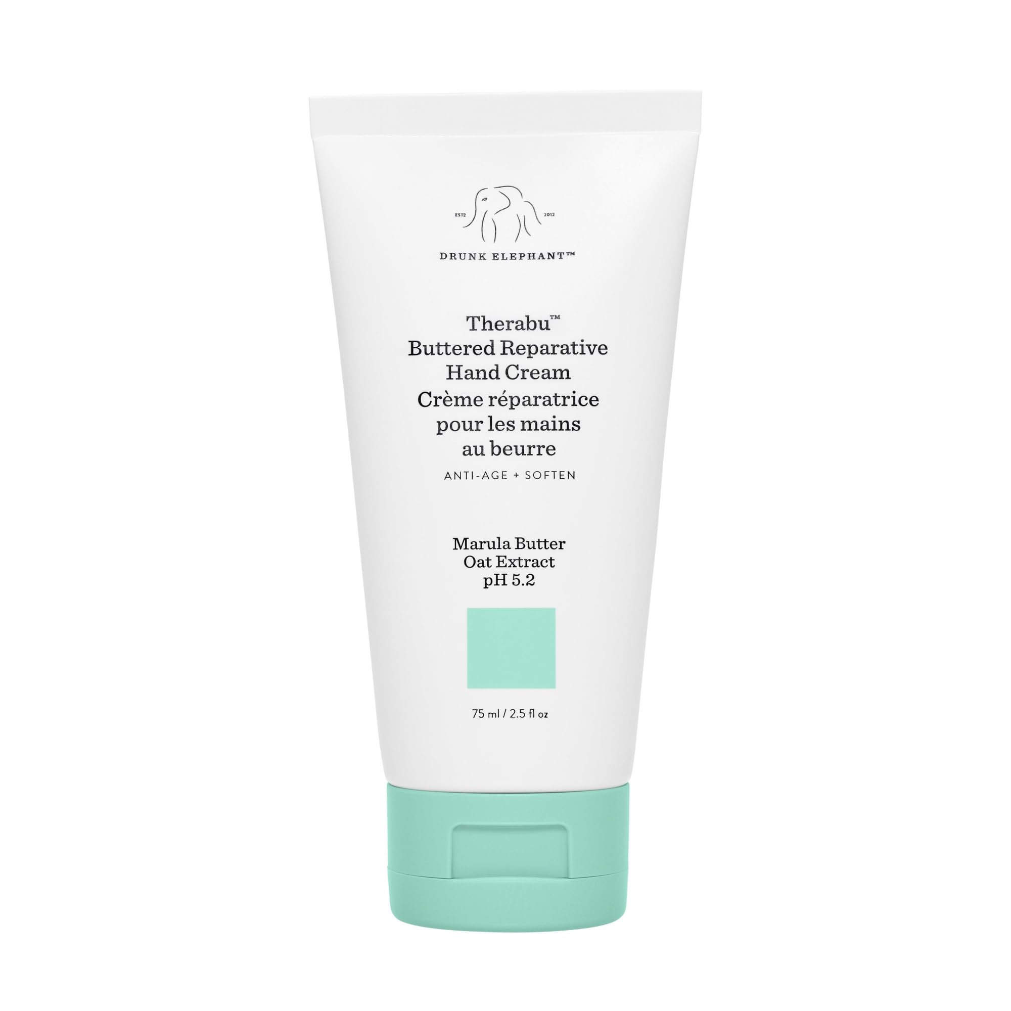 Drunk Elephant Therabu Buttered Reparative Hand Cream tube provides lasting moisture.