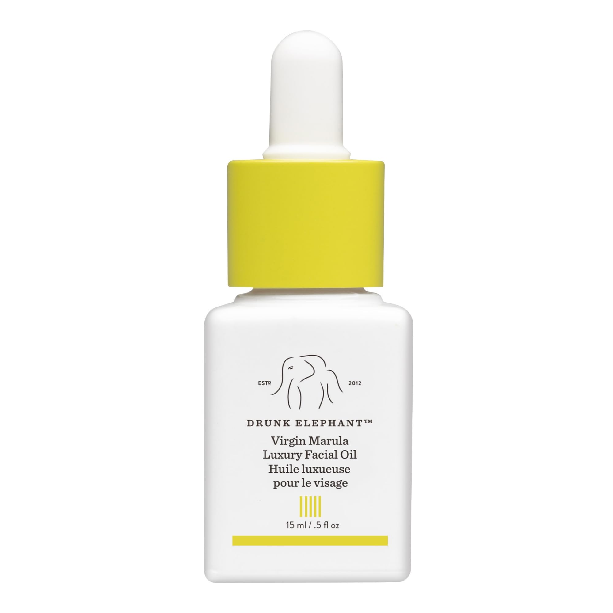 Drunk Elephant Virgin Marula Oil bottle showing nourishing glow for all skin types.