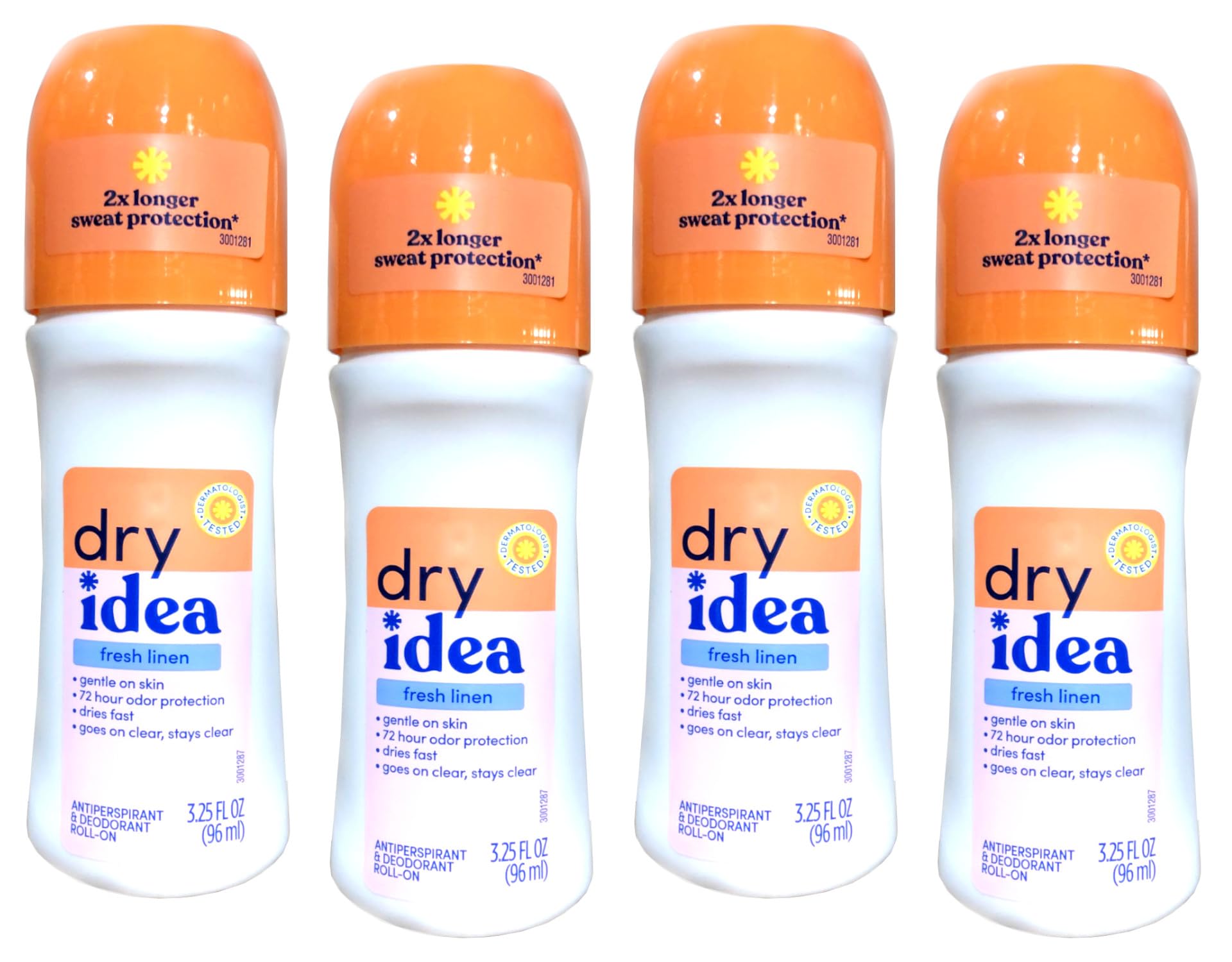 Dry Idea Fresh Linen roll-on bottle with a clean, long-lasting scent.