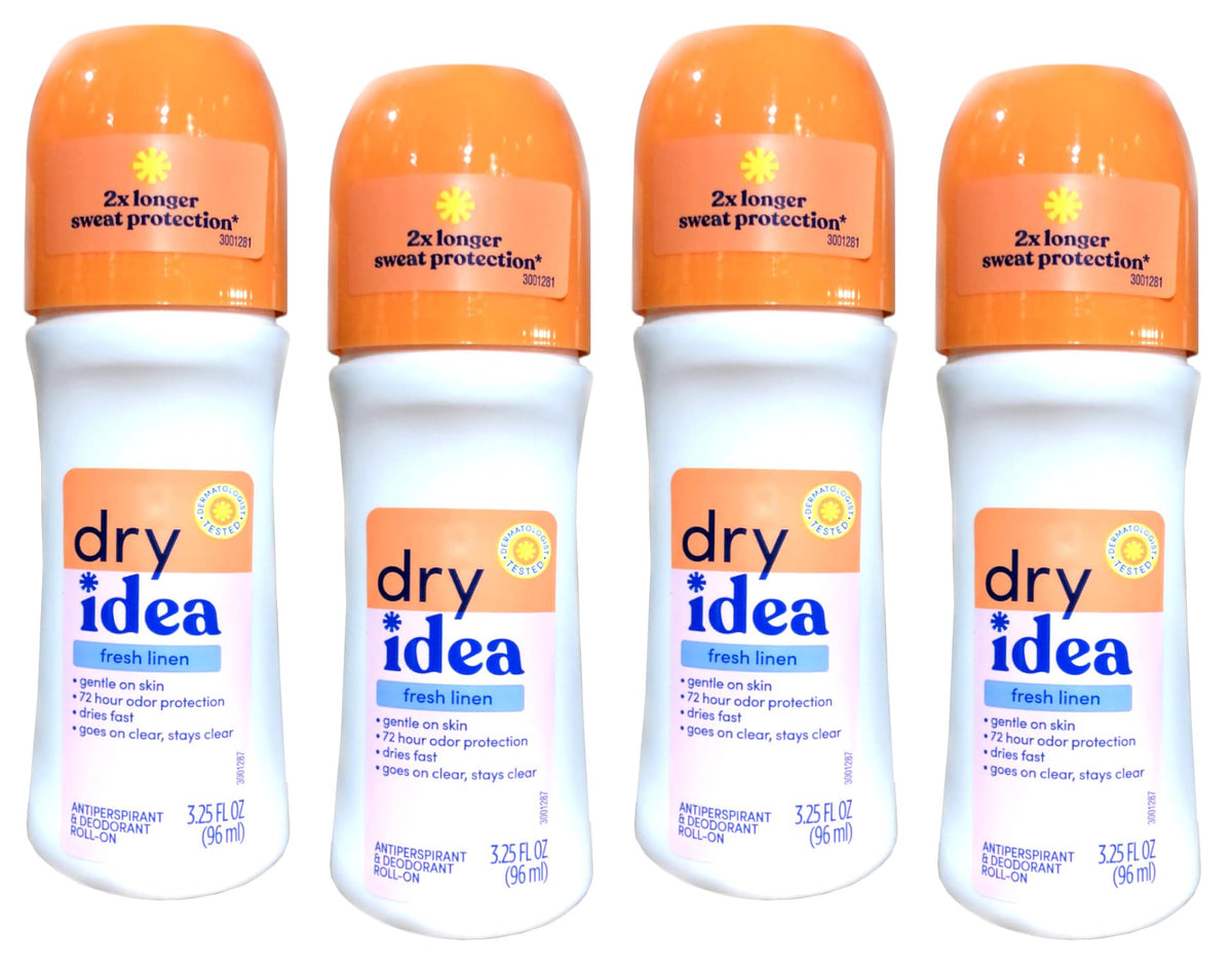 Dry Idea Fresh Linen roll-on bottle with a clean, long-lasting scent.