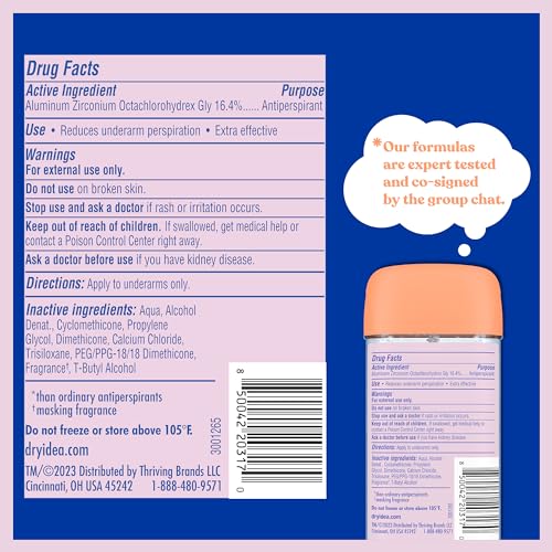 Dry Idea gel deodorant for women, clear finish and fast-drying formula.