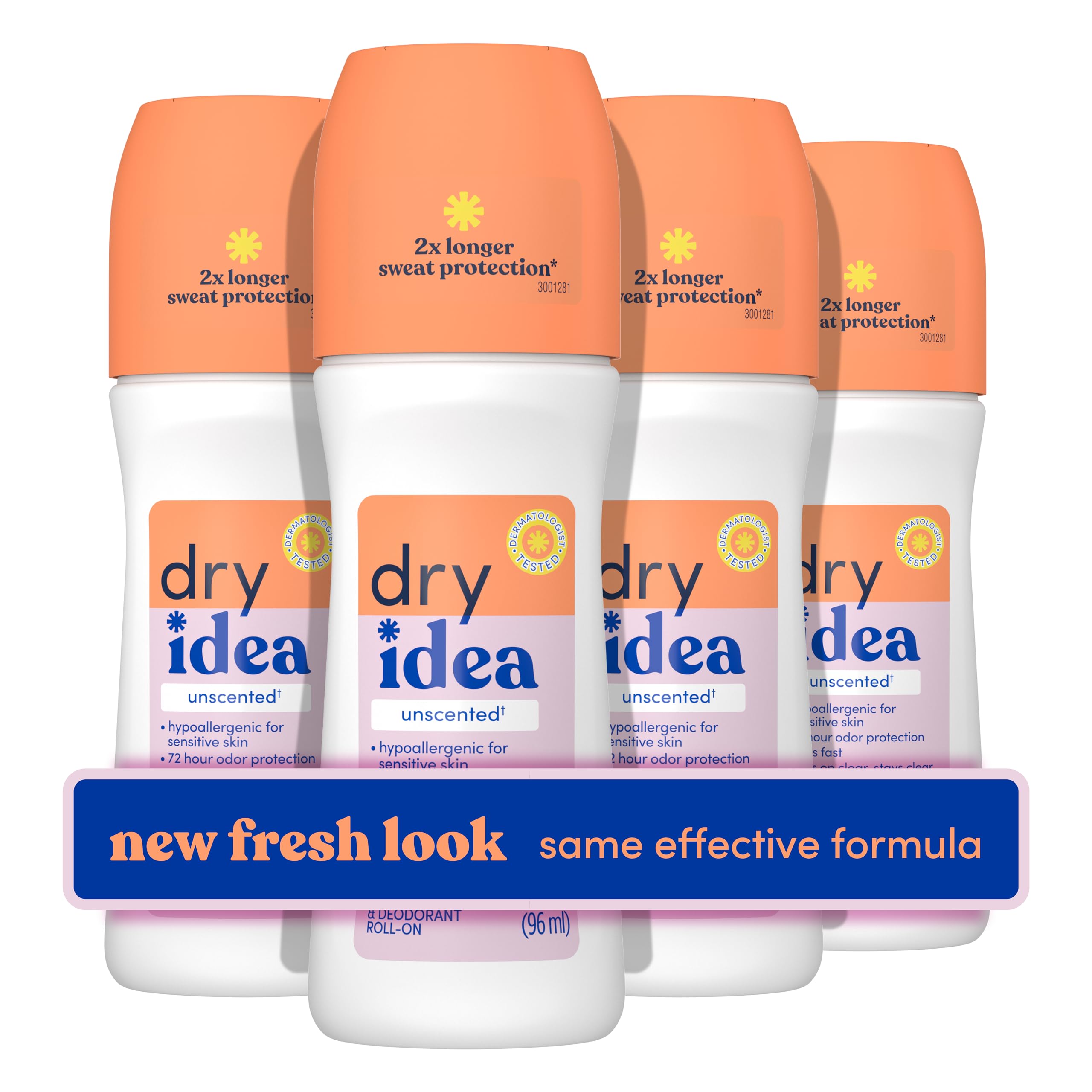 Dry Idea unscented roll-on bottle close-up with a clear, fast-drying finish.