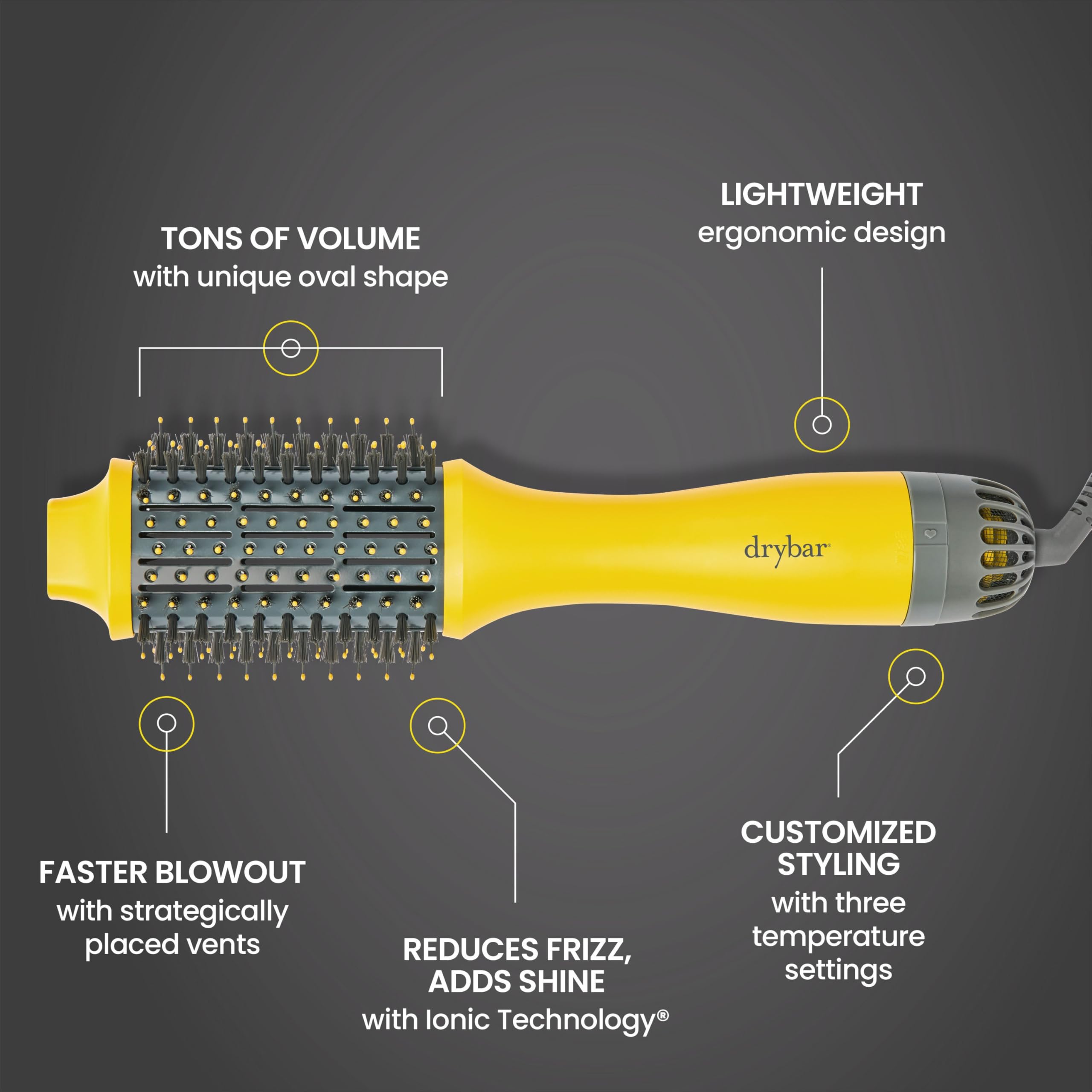 Drybar double-shot-oval-brush offers three temperature settings for versatile styling.