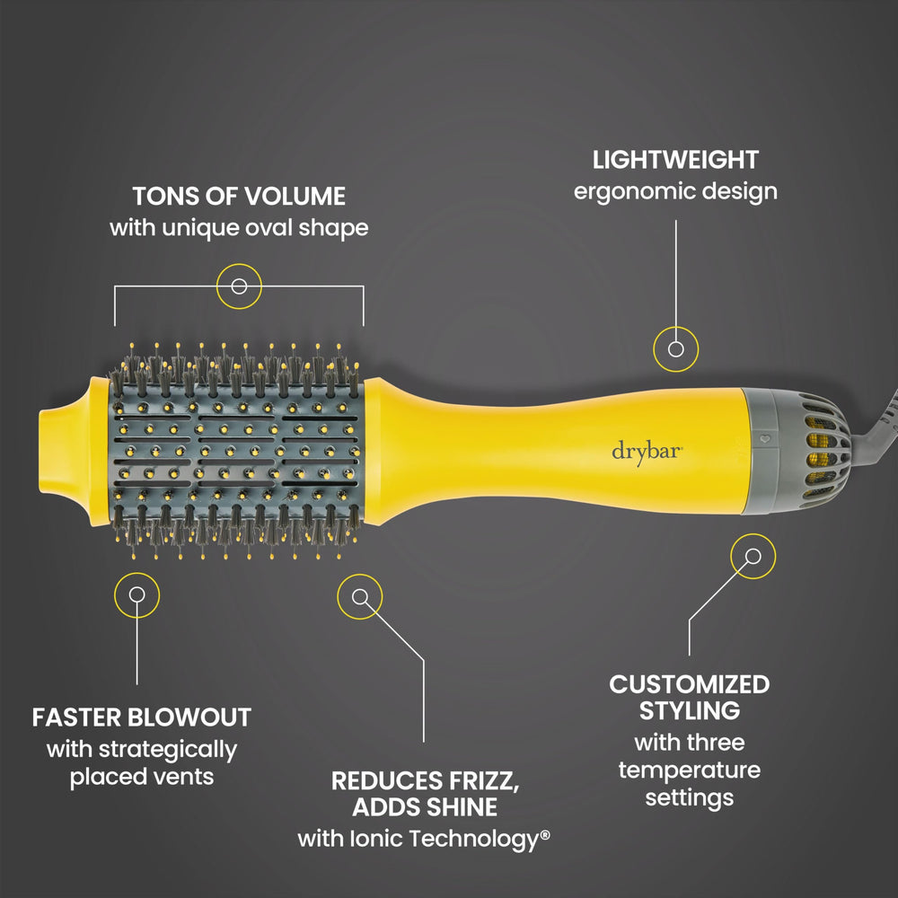Drybar double-shot-oval-brush offers three temperature settings for versatile styling.