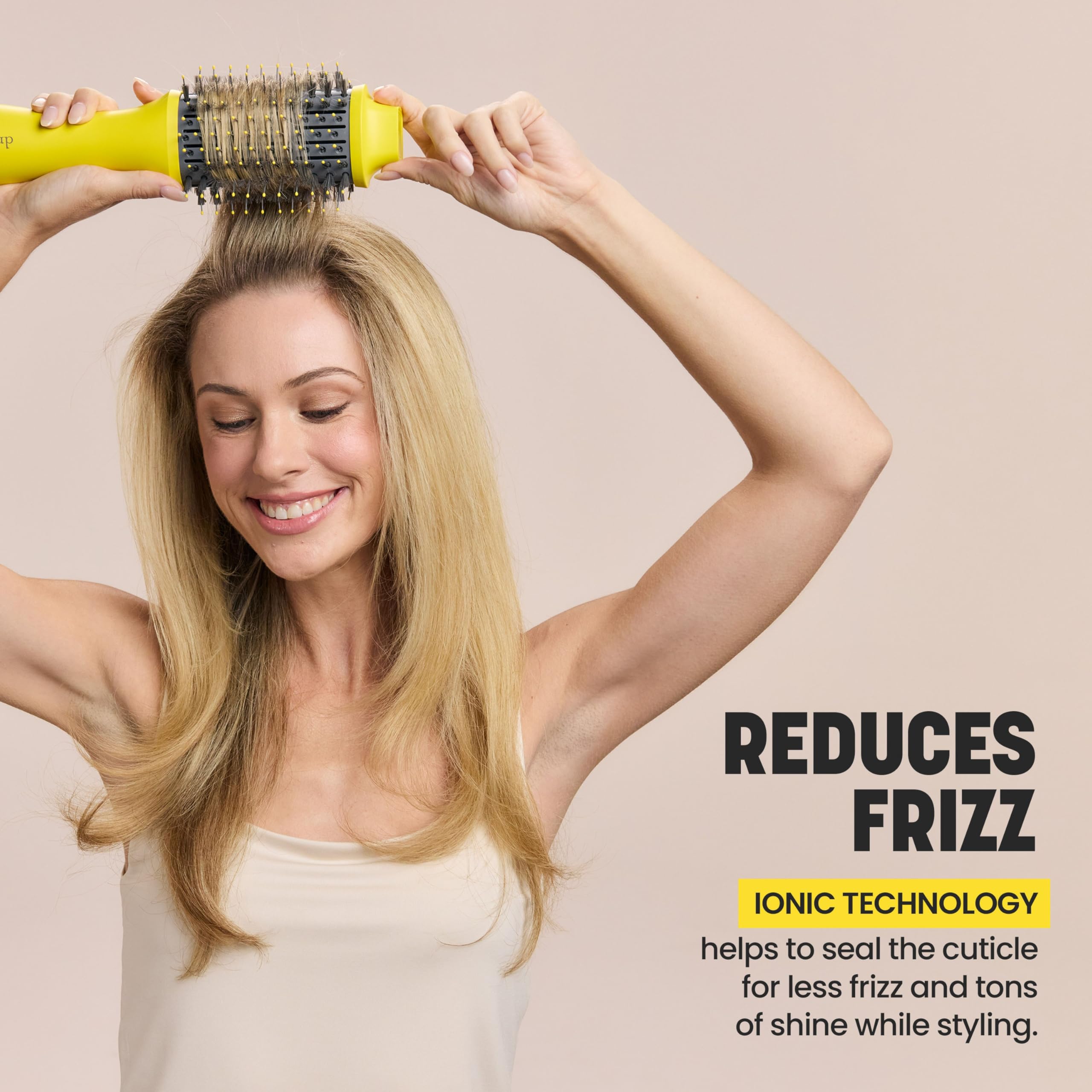 Drybar oval-shape with curved edges creates volume and smooth finish.