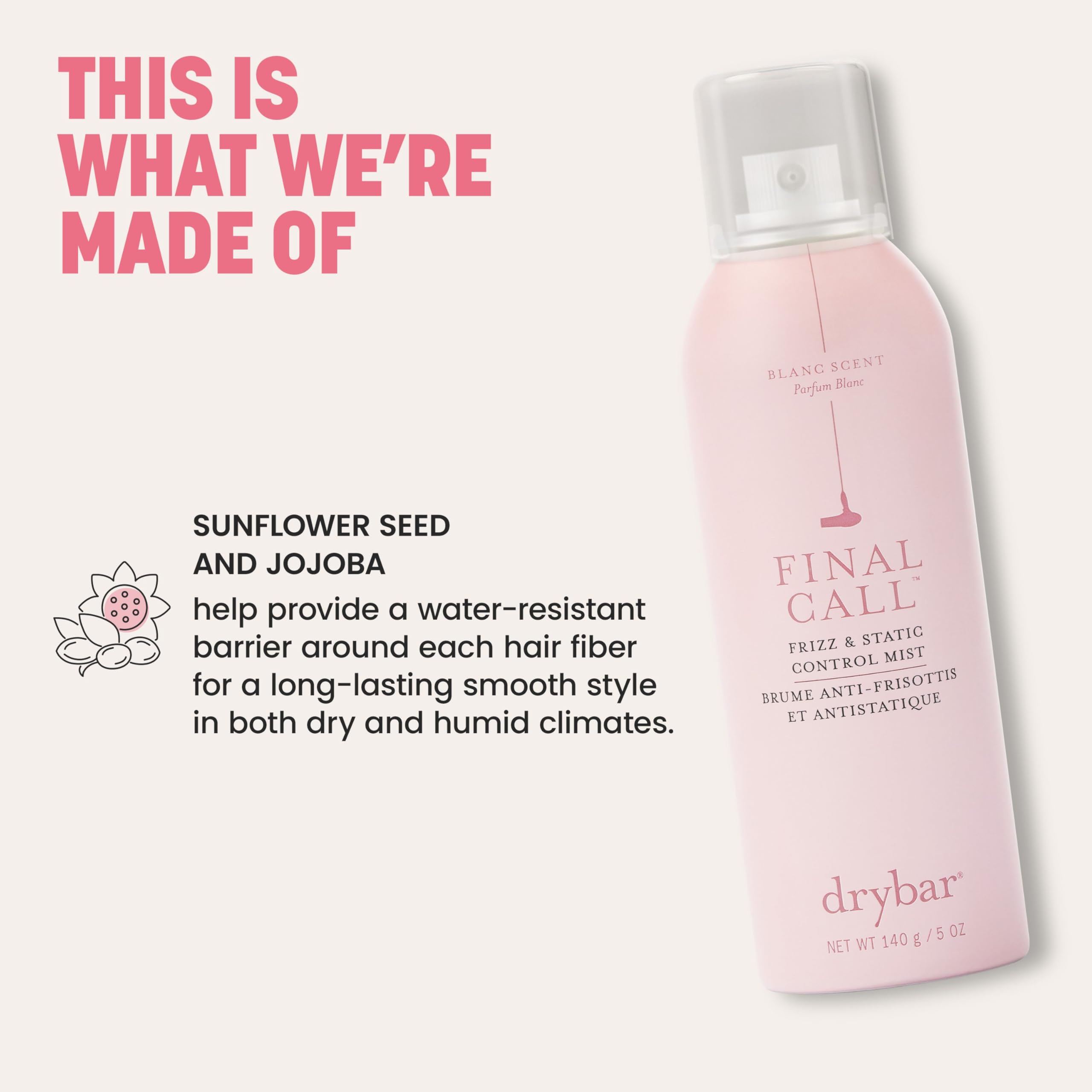 Drybar Final Call Mist muestra protección UV y manejo del daño ambiental.
