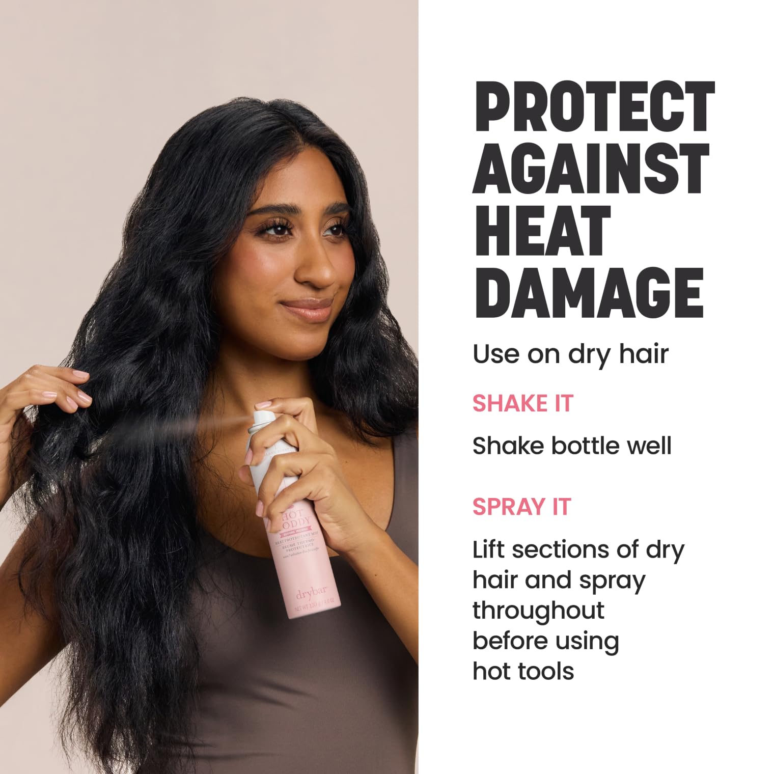 Drybar Hot Toddy se aplica en cabello seco para protección rápida