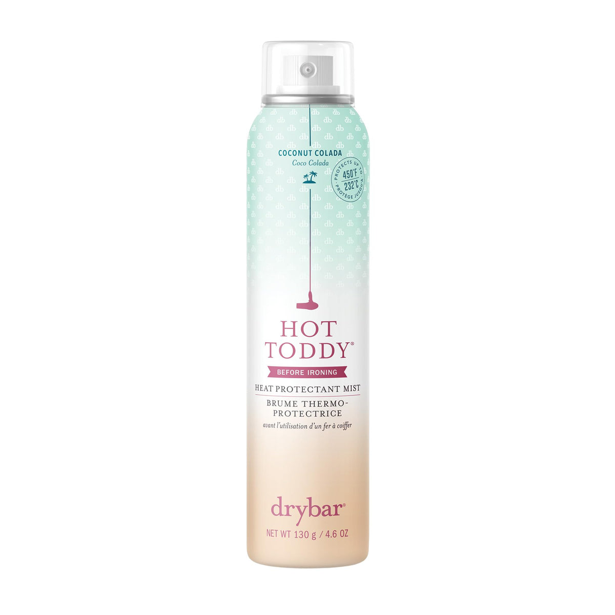 Drybar Hot Toddy protege el cabello del calor, enfoque en el envase