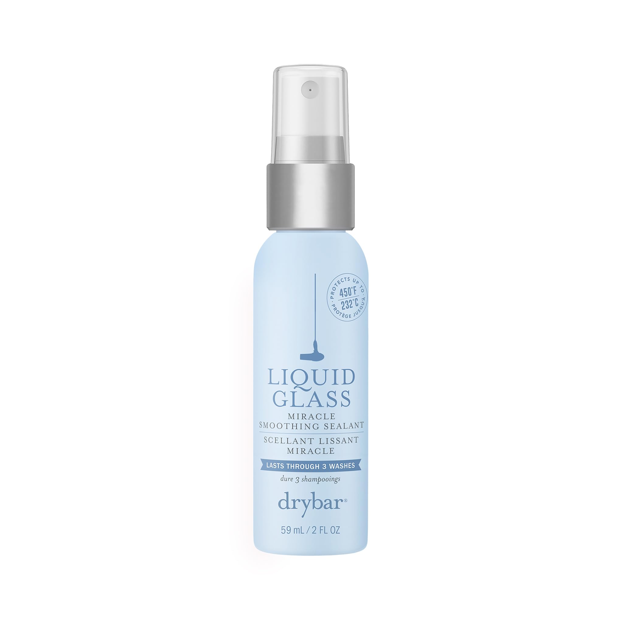 Drybar Liquid Glass muestra la botella de aplicación para brillo inmediato y uso preciso.