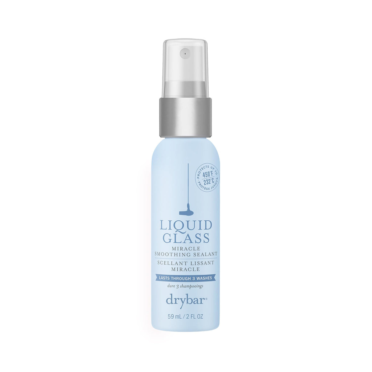 Drybar Liquid Glass muestra la botella de aplicación para brillo inmediato y uso preciso.