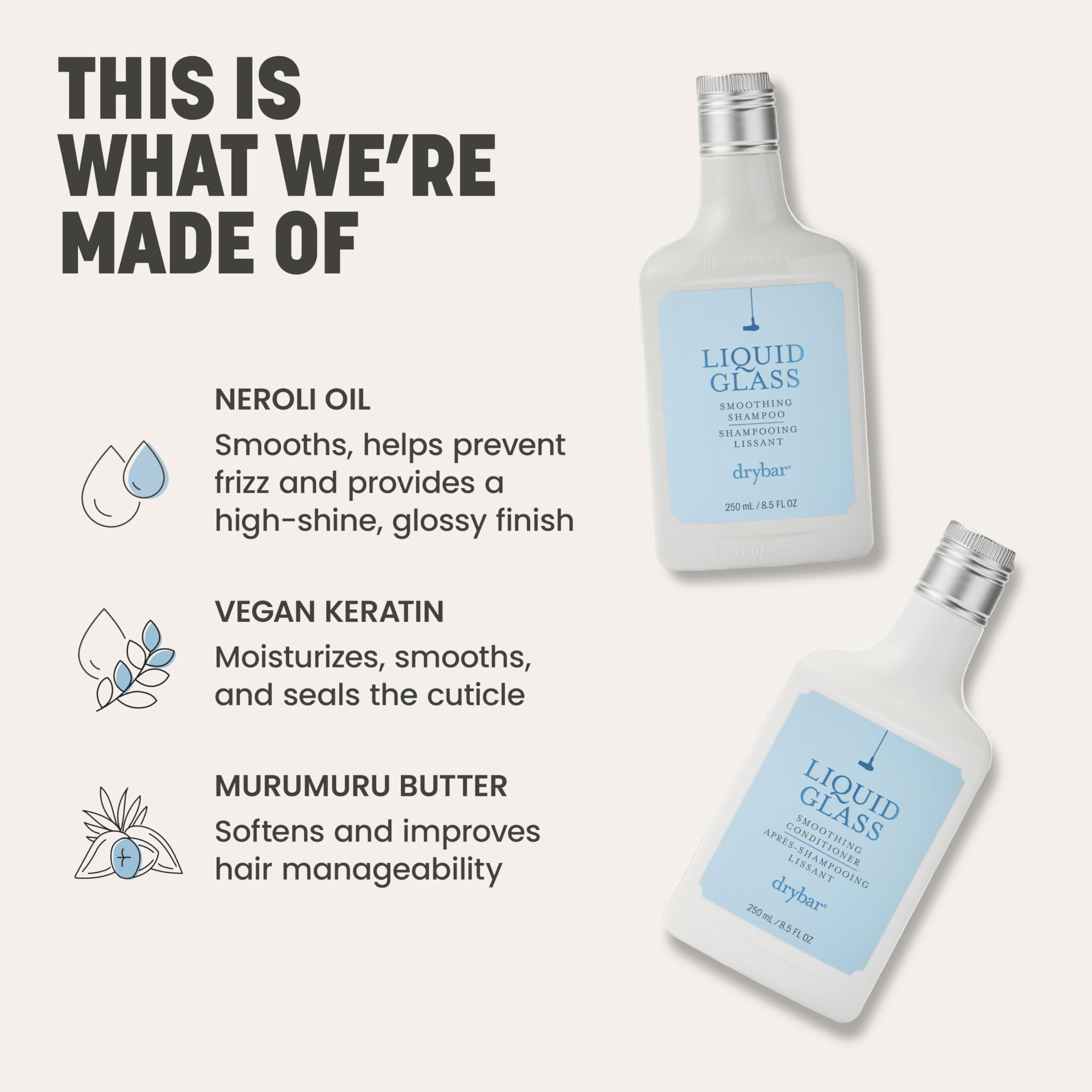 Model with glossy, smooth hair after using Drybar Liquid Glass Smoothing Shampoo