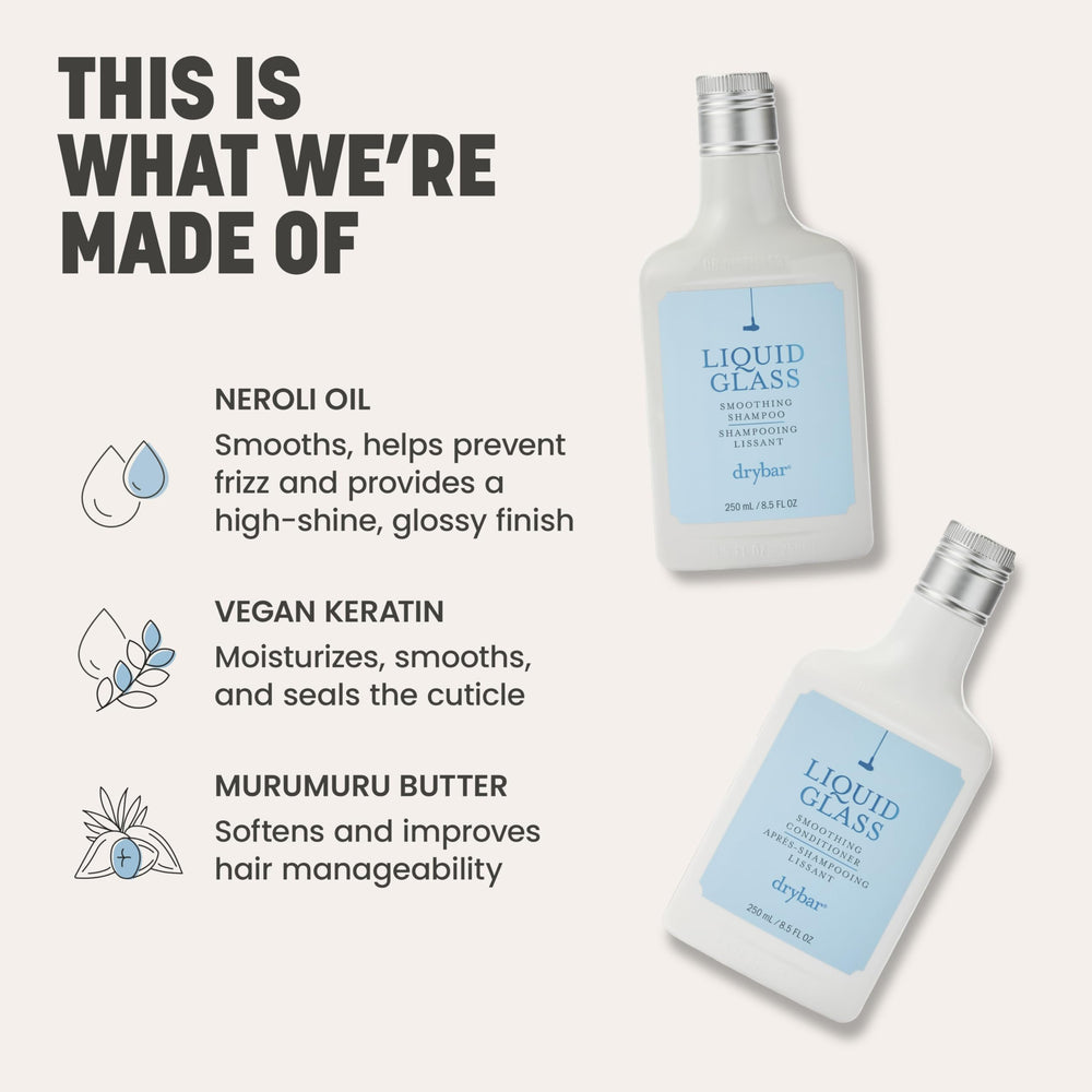 Model with glossy, smooth hair after using Drybar Liquid Glass Smoothing Shampoo