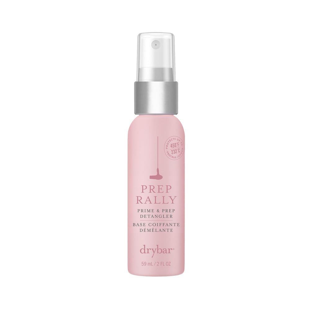 Drybar Prep Rally Prime & Prep Detangler frente a la botella, listo para uso diario.