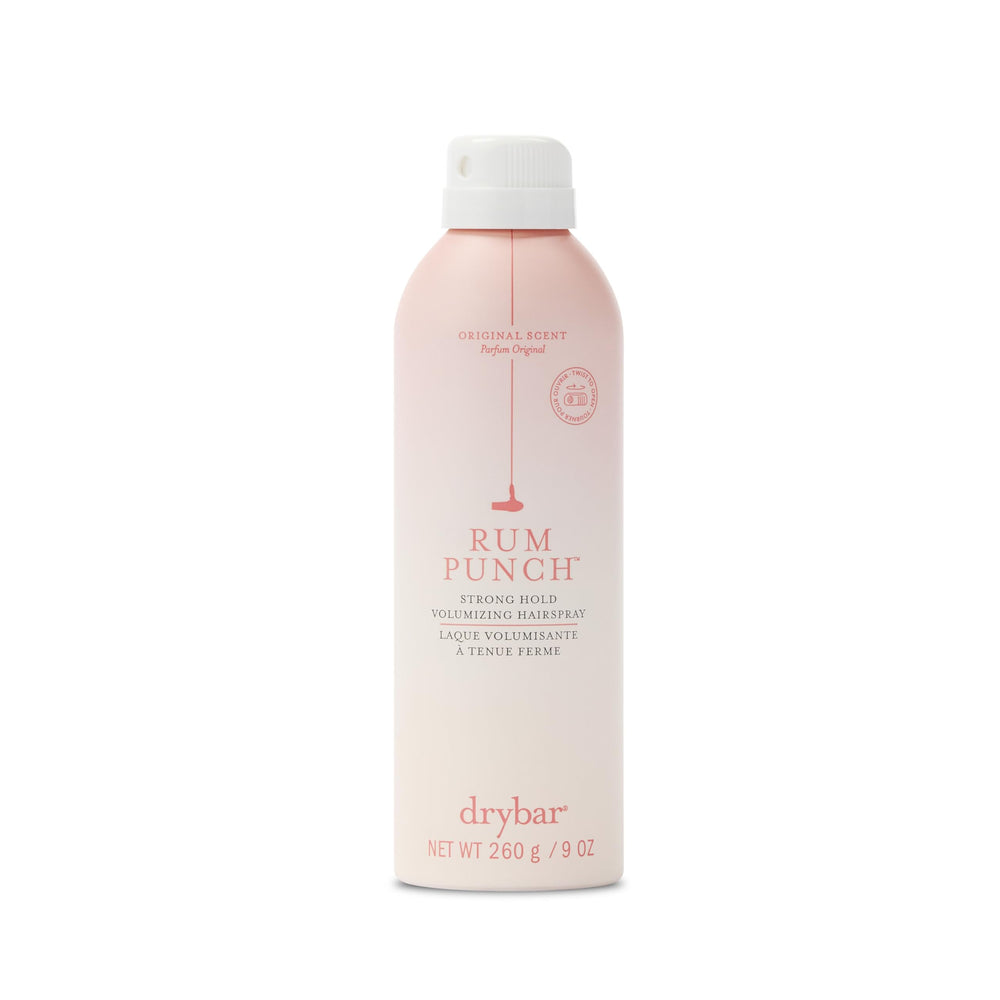 Drybar Rum Punch hairspray bottle for lasting hold and volume.