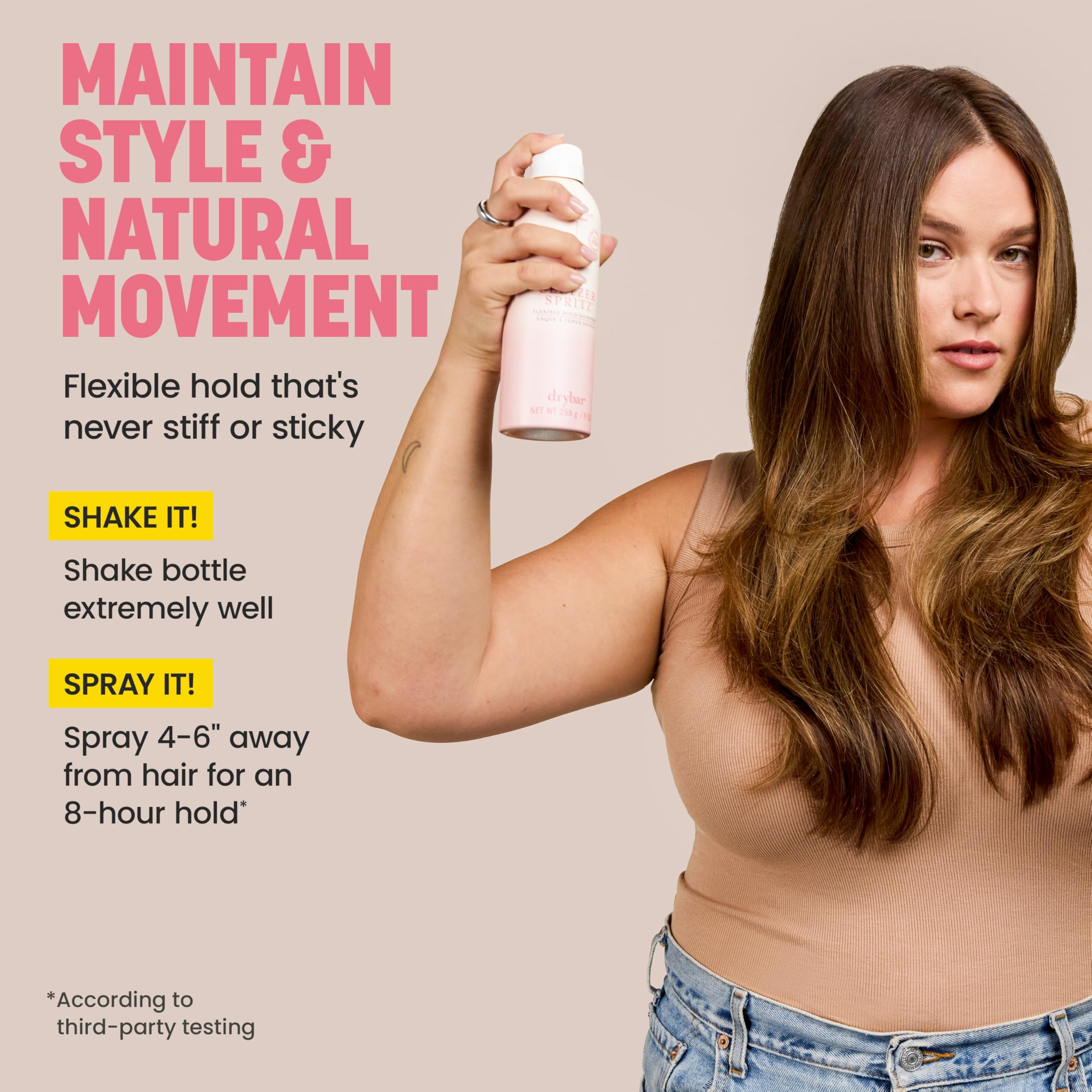 Drybar Seltzer Spritz boquilla con bloqueo evita goteos accidentales.