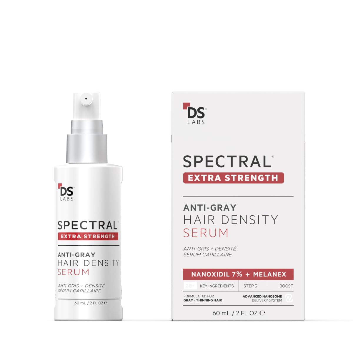 DS Labs Spectral Extra Strength Serum bottle close-up for fuller-looking hair.