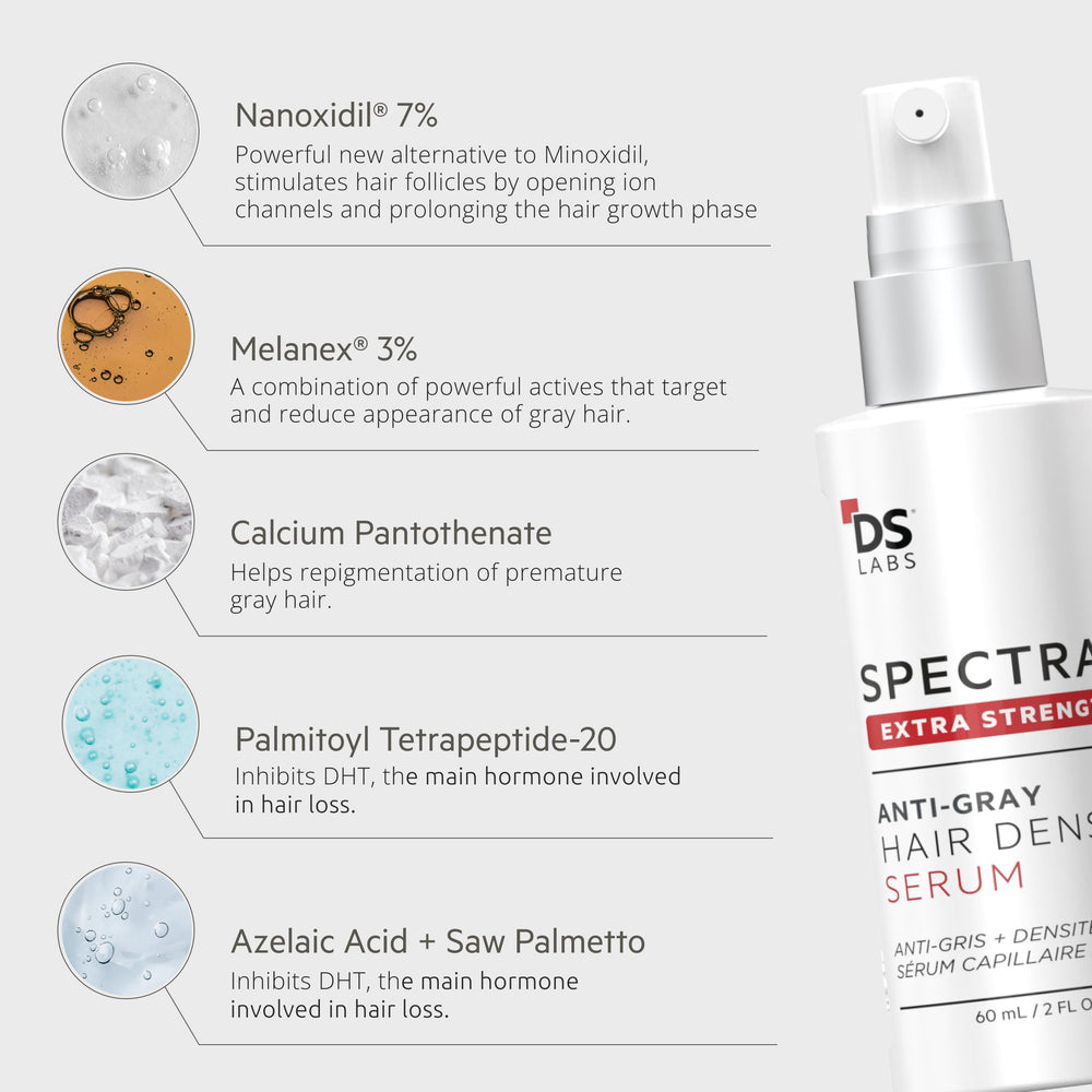 DS Labs Spectral Extra Strength Serum on hair strand showing non-greasy finish.