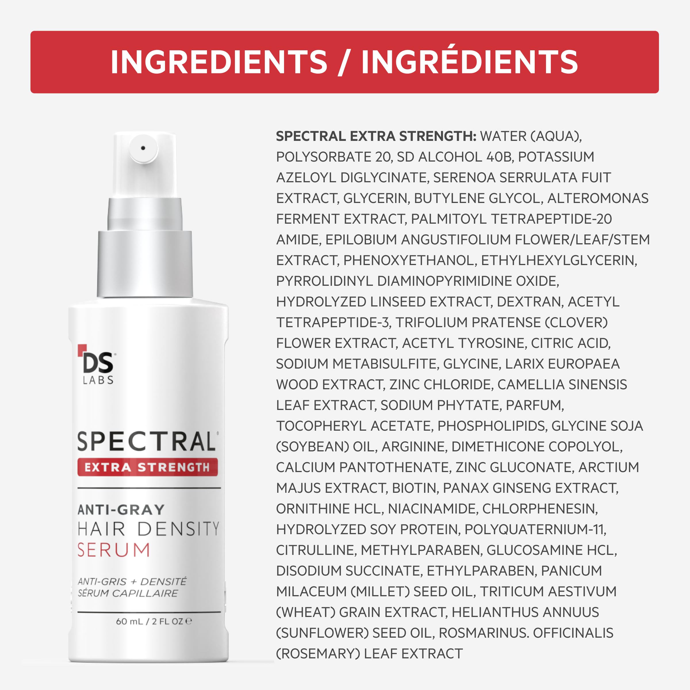 DS Labs Spectral Extra Strength Serum label highlights copper peptides and caffeine.