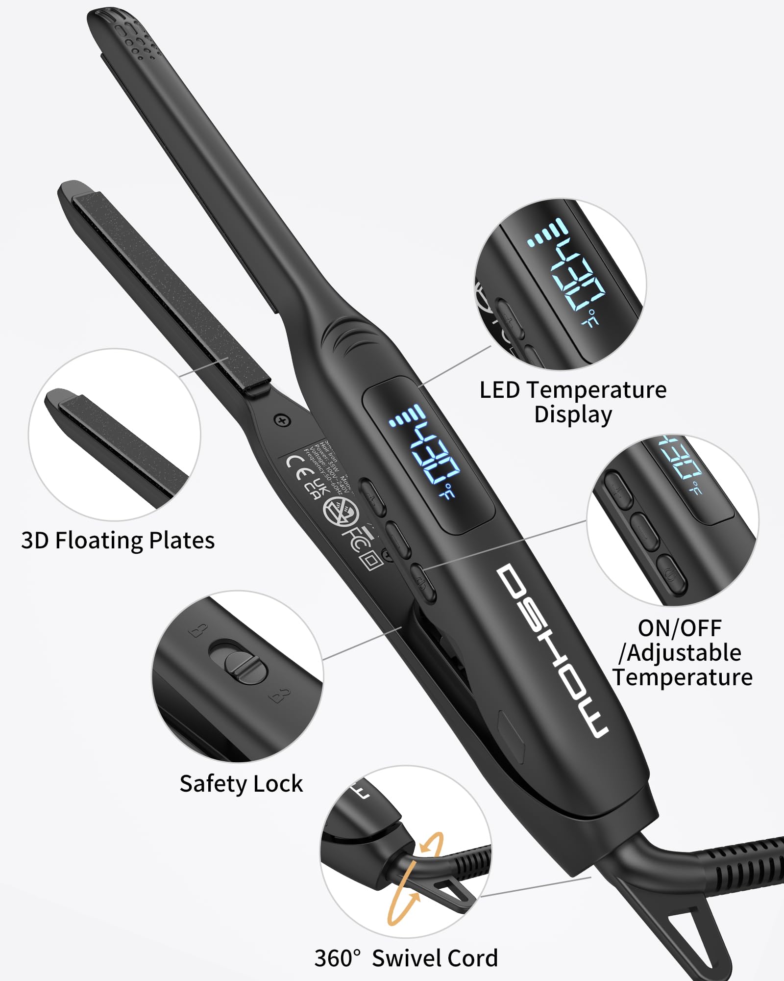 DSHOW small flat iron offers 320–430℉ range for versatile hair types.