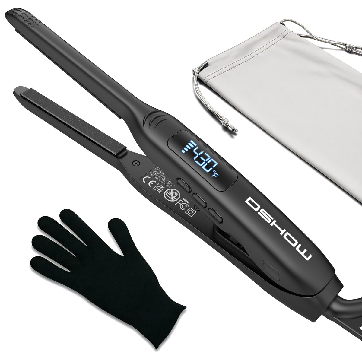 DSHOW pencil flat iron close-up showing slim plates for precise short-hair styling.