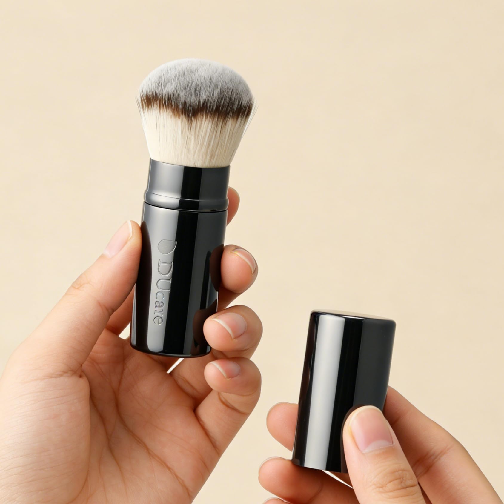 DUcare foundation application with smooth, even coverage using kabuki brush.