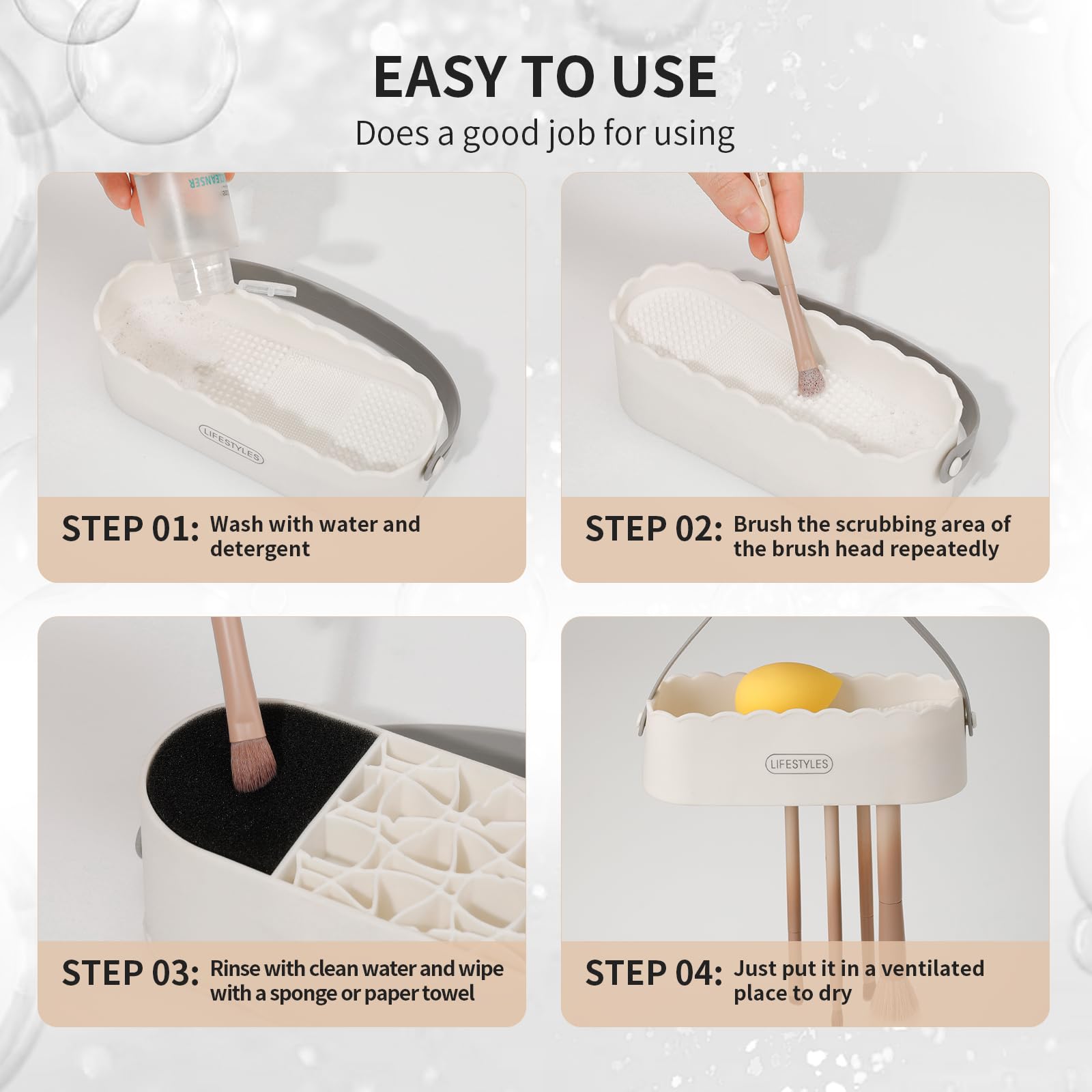 DUcare sponge slot supports fast drying of damp brushes.