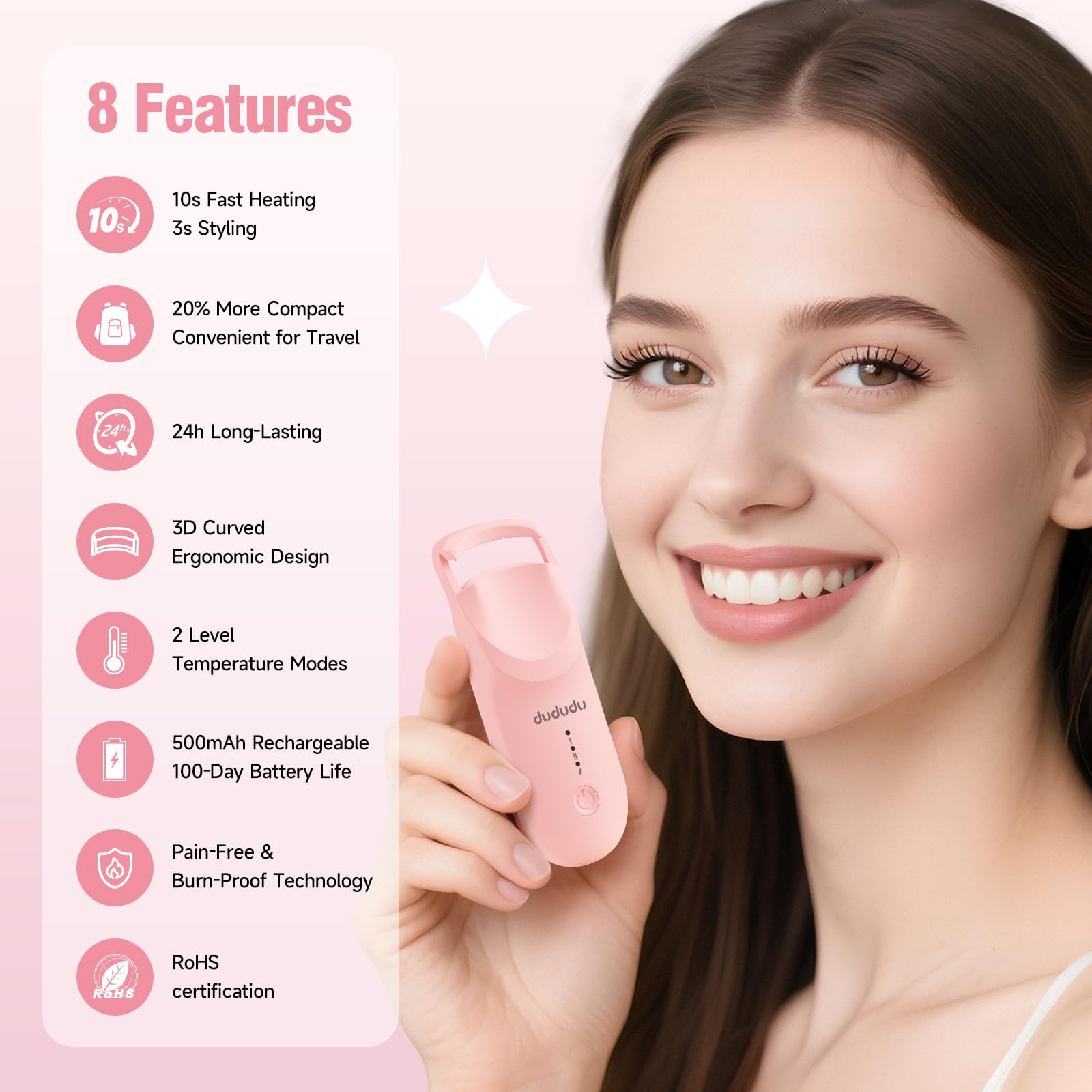 DUDUDU eyelash curler shows two temperature options for different lash needs