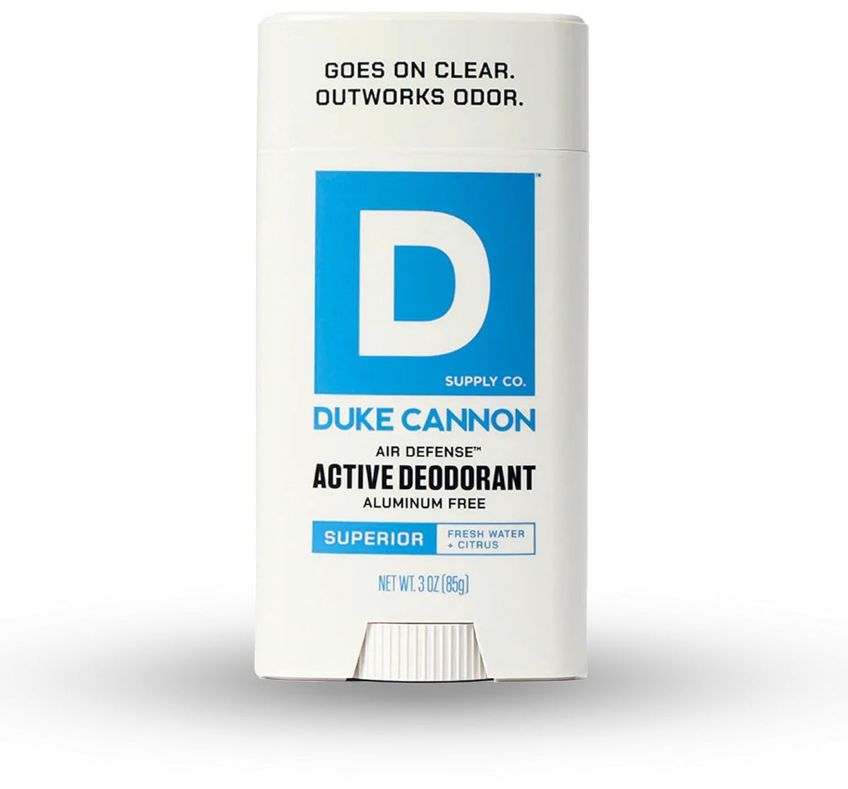 Duke Cannon Air Defense deodorant bottle showing aluminum-free protection for all-day freshness.