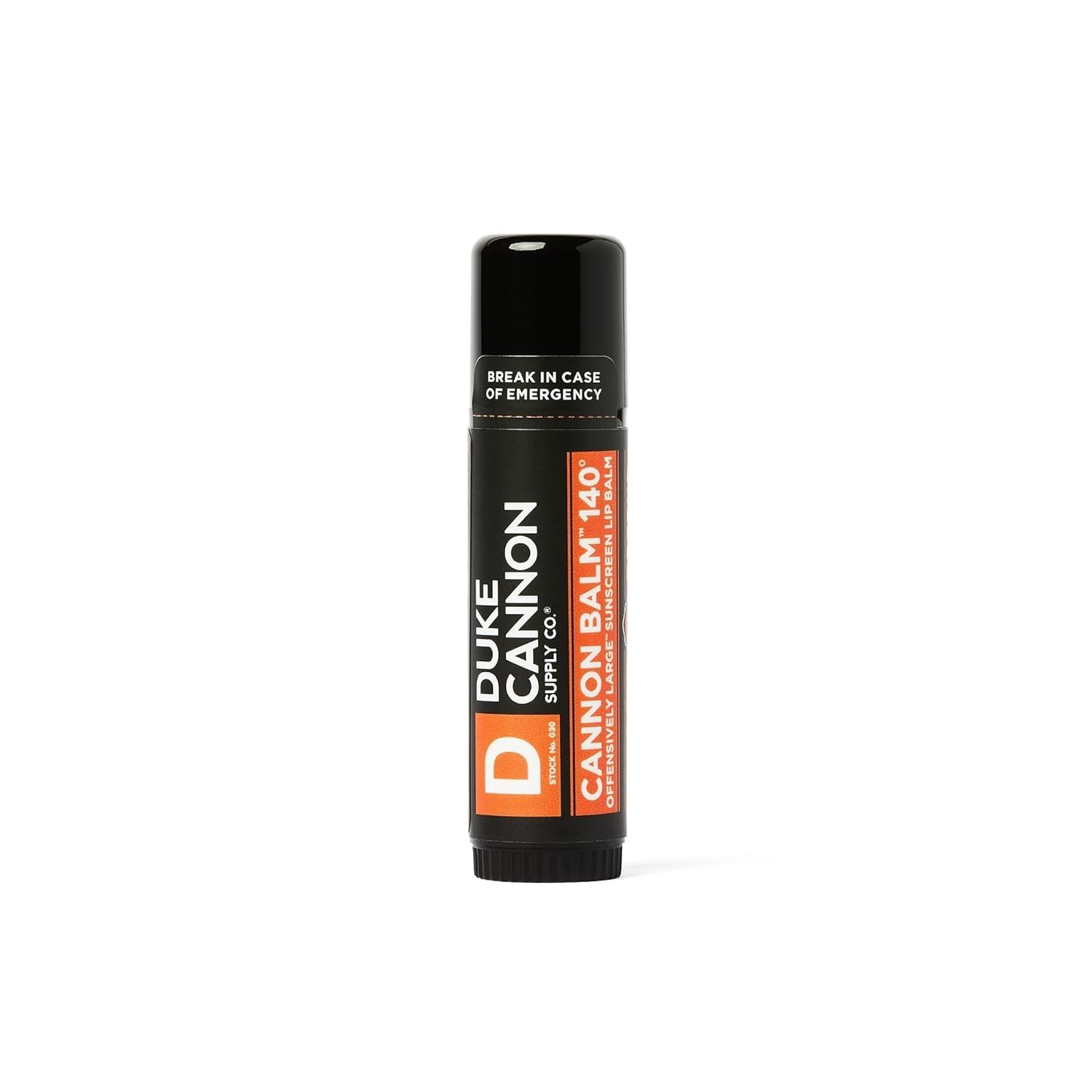 Duke Cannon bálsamo labial naranja mentolado con SPF 30 para exteriores.