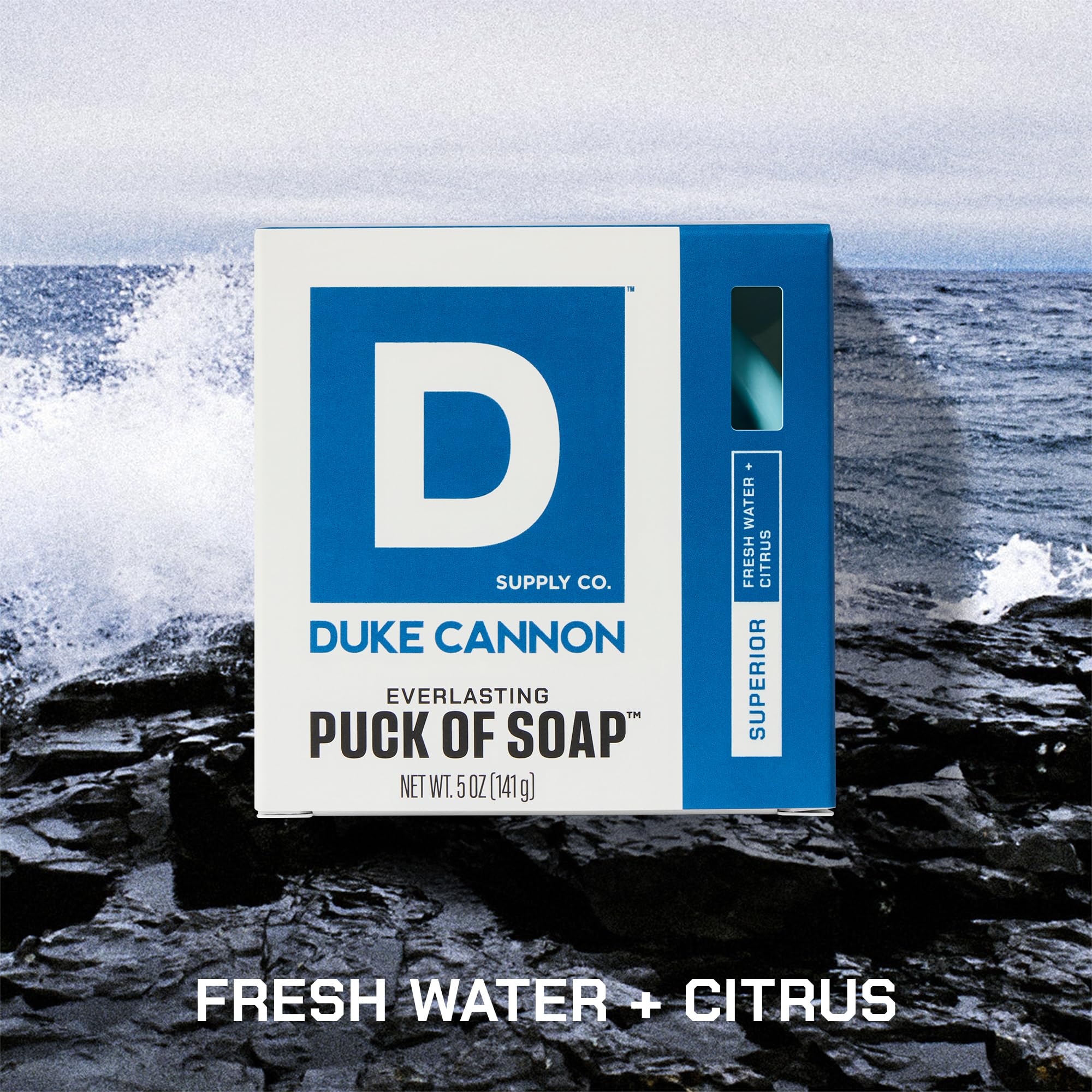 Duke Cannon Supply Co. bar soap puck dense lather for thorough cleansing.