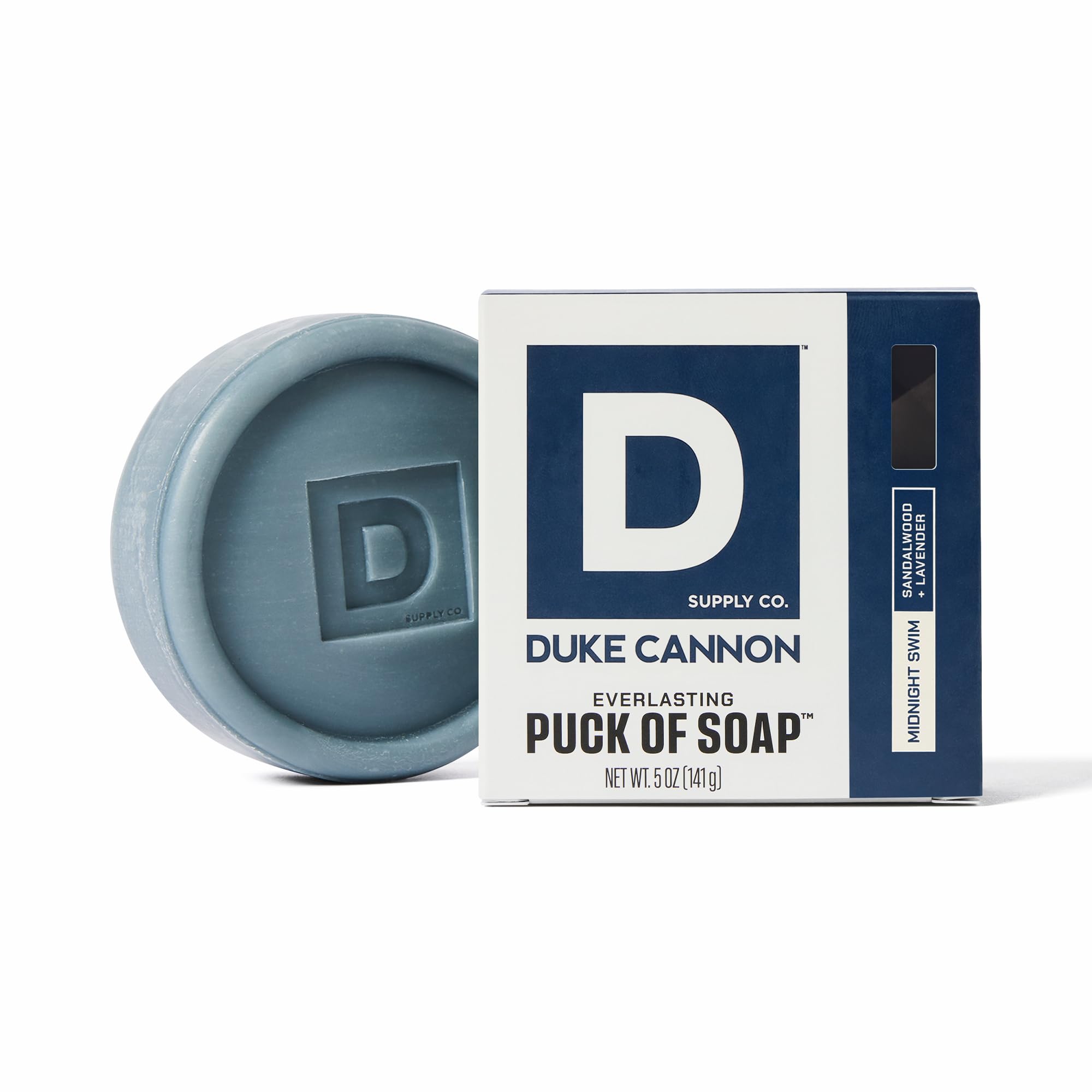 Duke Cannon Midnight Swim puck closeup shows rugged scent and durable formula.