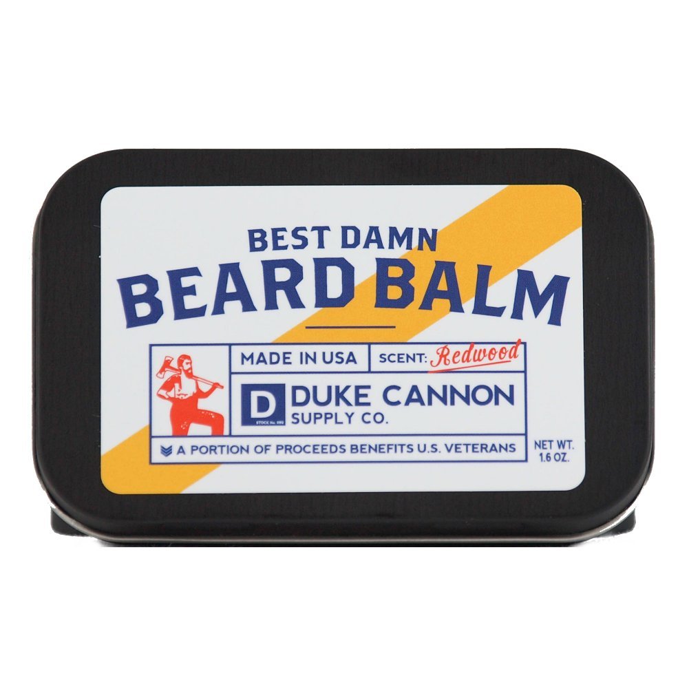 Duke Cannon Beard Balm label close-up highlighting Redwood fragrance