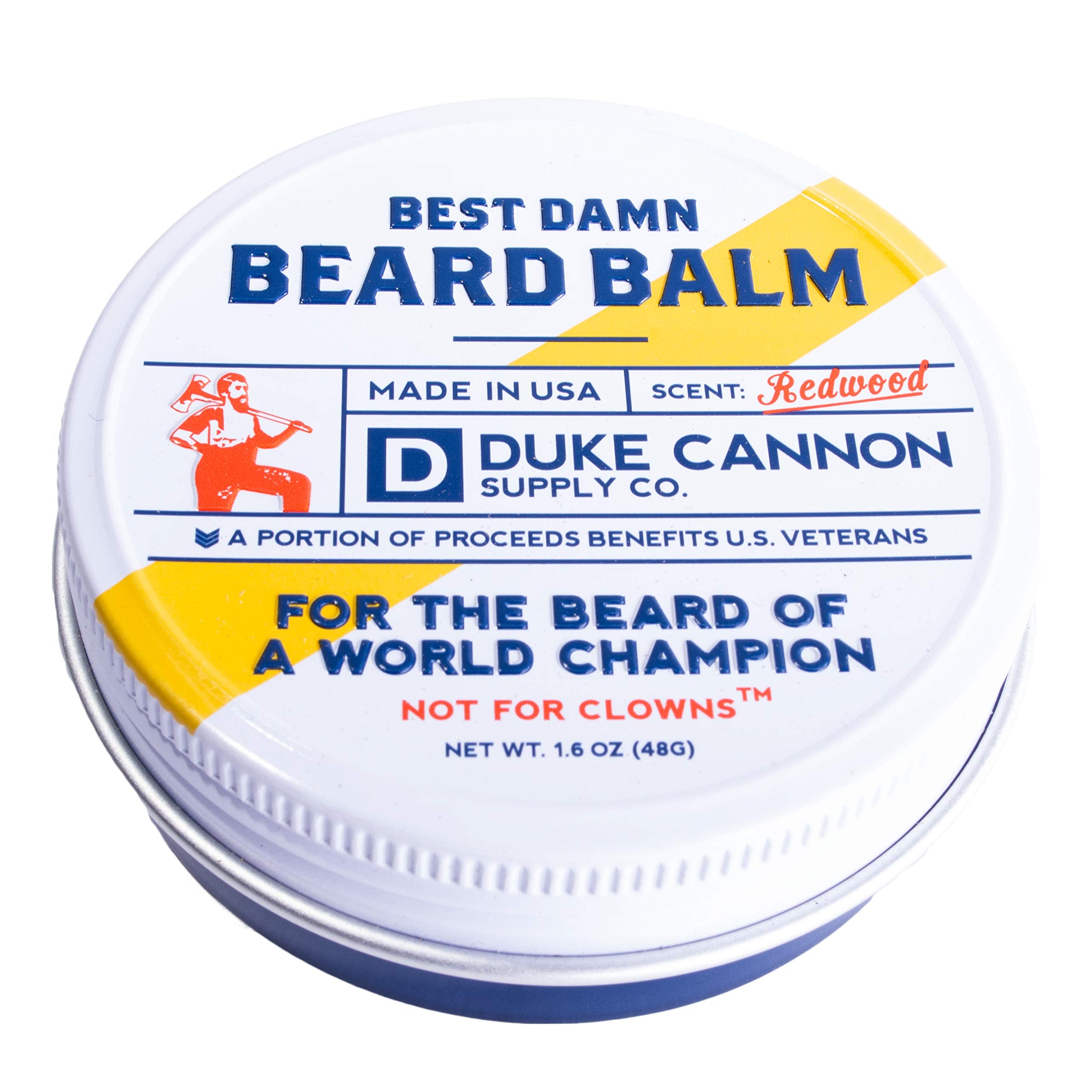 Duke Cannon Beard Oil label close-up showing Redwood scent