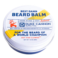 Duke Cannon Beard Oil label close-up showing Redwood scent