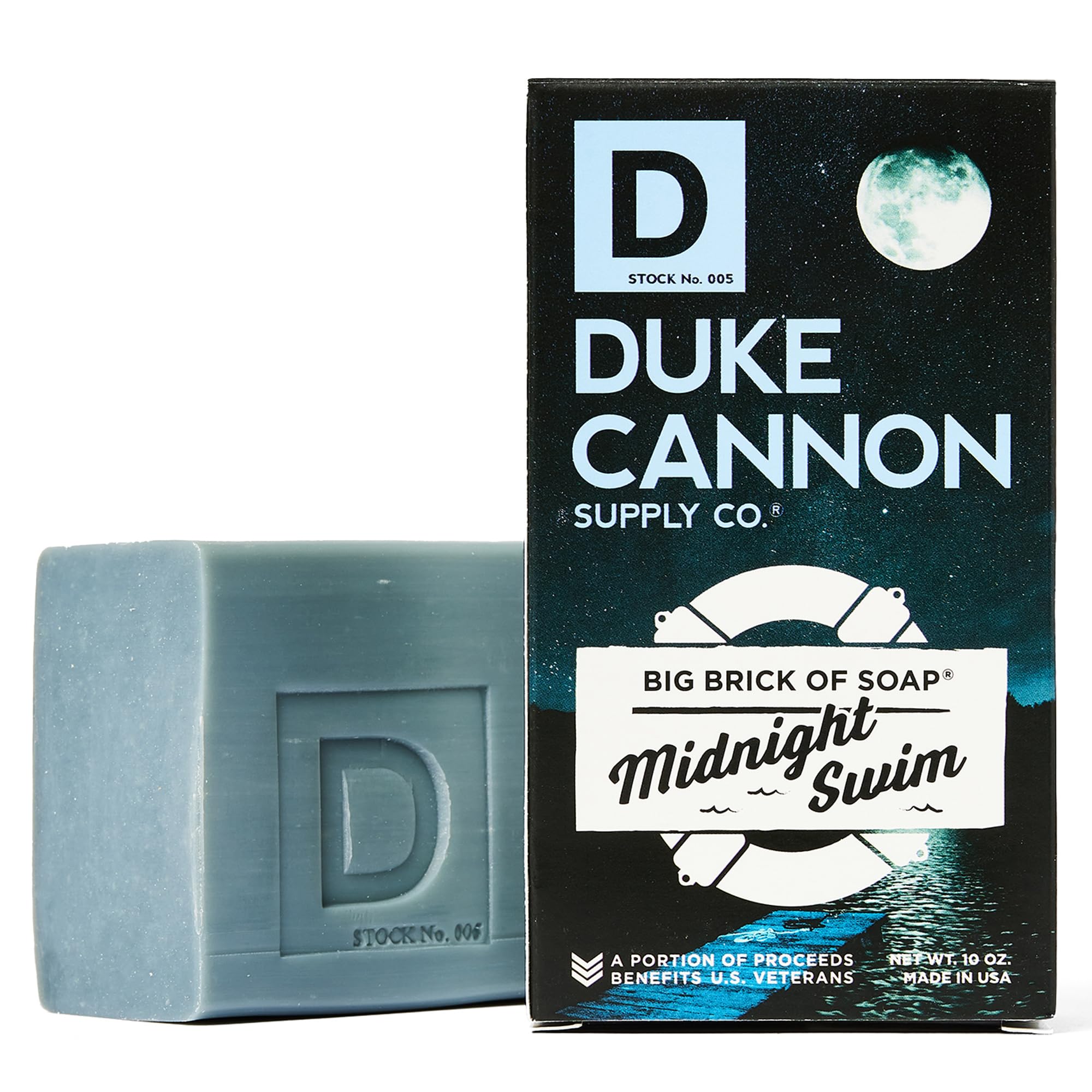 Duke Cannon Midnight Swim soap bar front view with three-pack packaging for value.