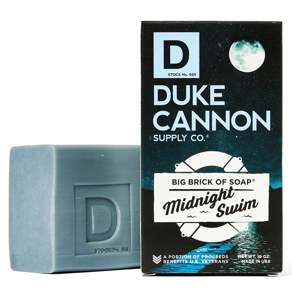 Duke Cannon Midnight Swim soap bar front view with three-pack packaging for value.