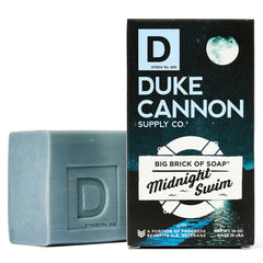 Duke Cannon Midnight Swim soap bar front view with three-pack packaging for value.