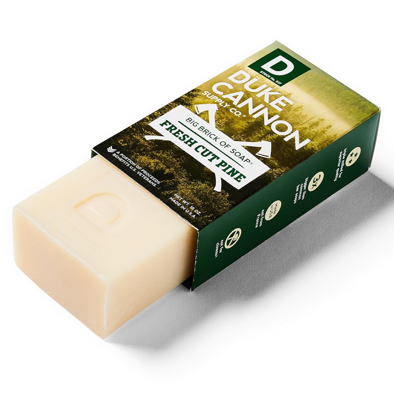 Duke Cannon soap pine close-up showing long-lasting cleansing.