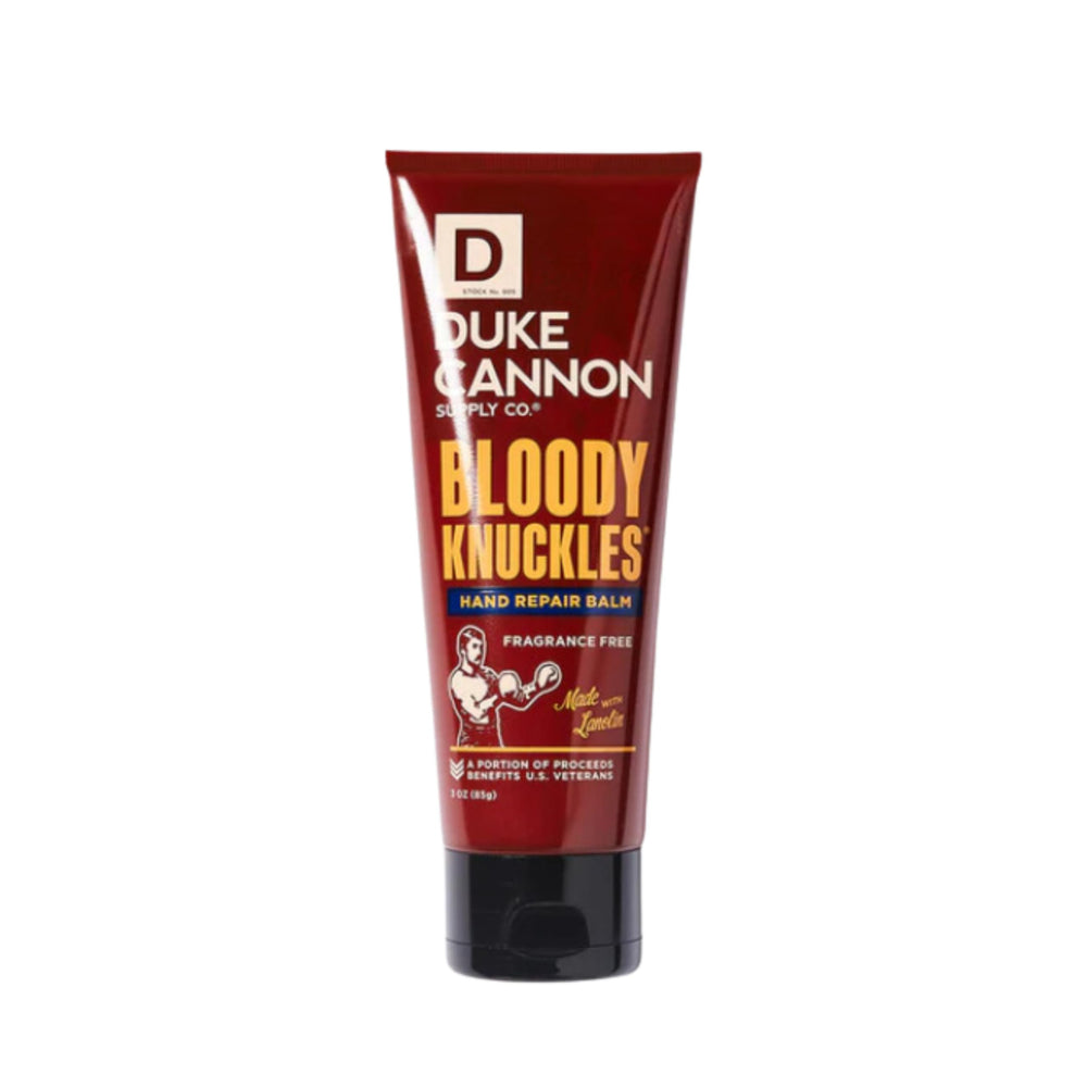 Duke Cannon Bloody Knuckles balm unscented label close-up highlighting lanolin.