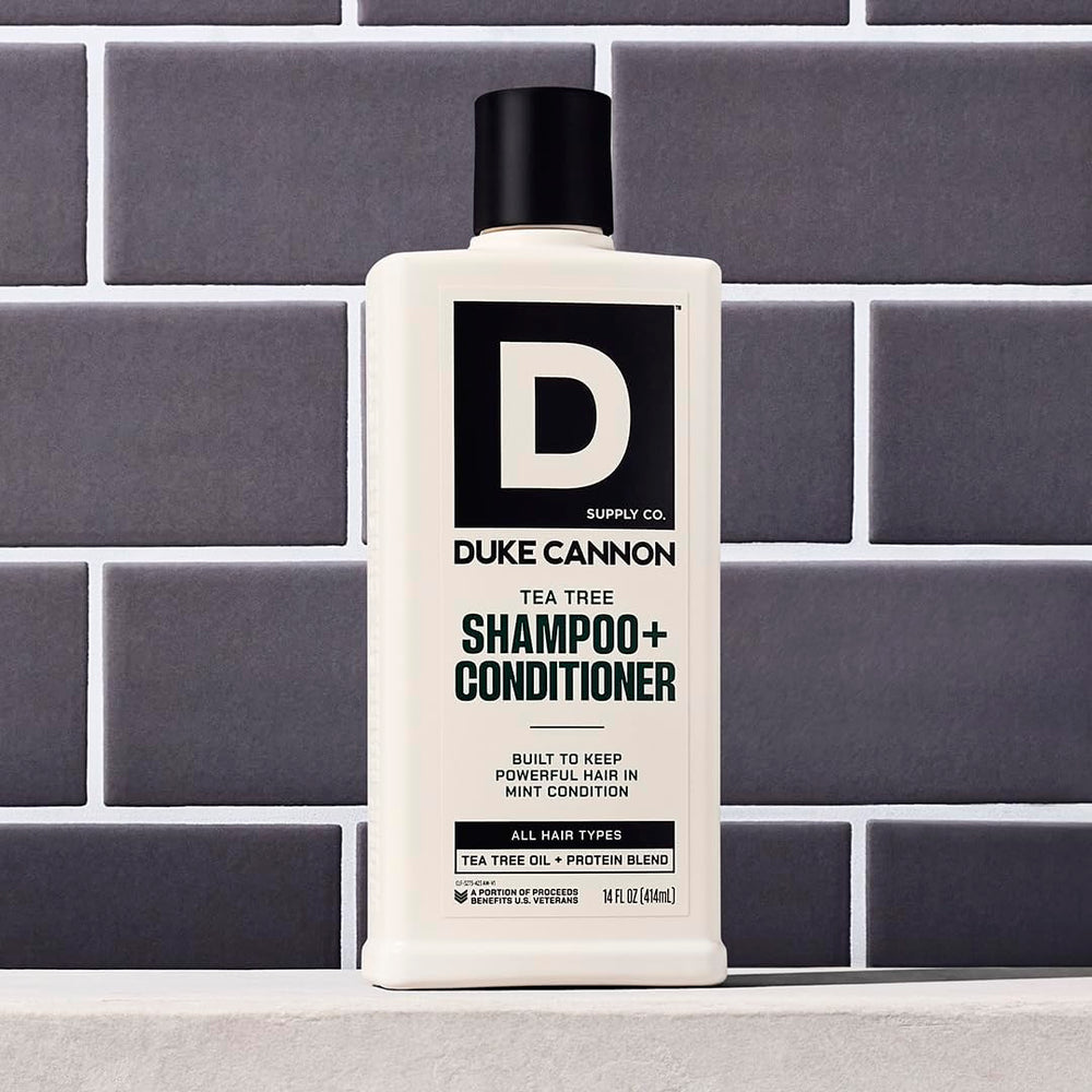Duke Cannon brand logo closeup highlights rugged, masculine grooming heritage.
