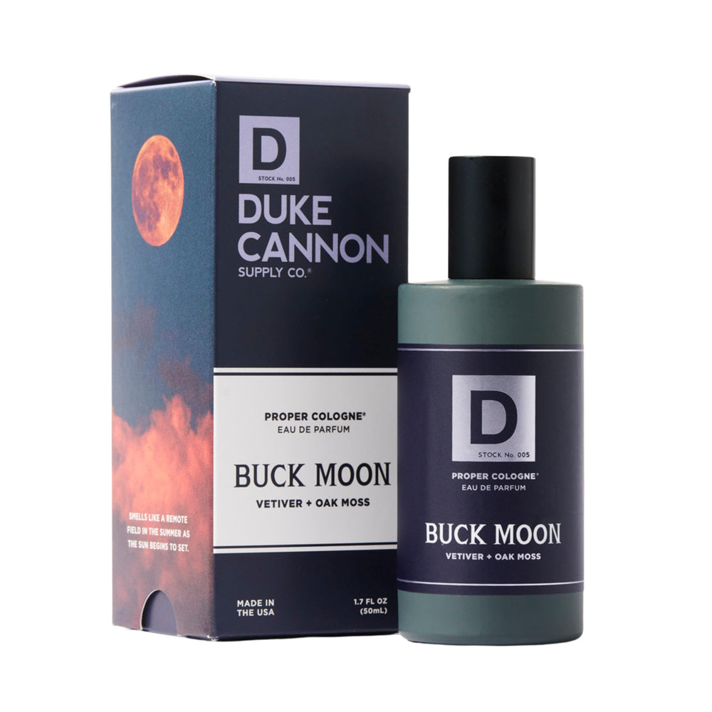 Duke Cannon Buck Moon bottle front shows lime and vetiver for a fresh, balanced scent