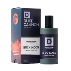 Duke Cannon Buck Moon bottle front shows lime and vetiver for a fresh, balanced scent