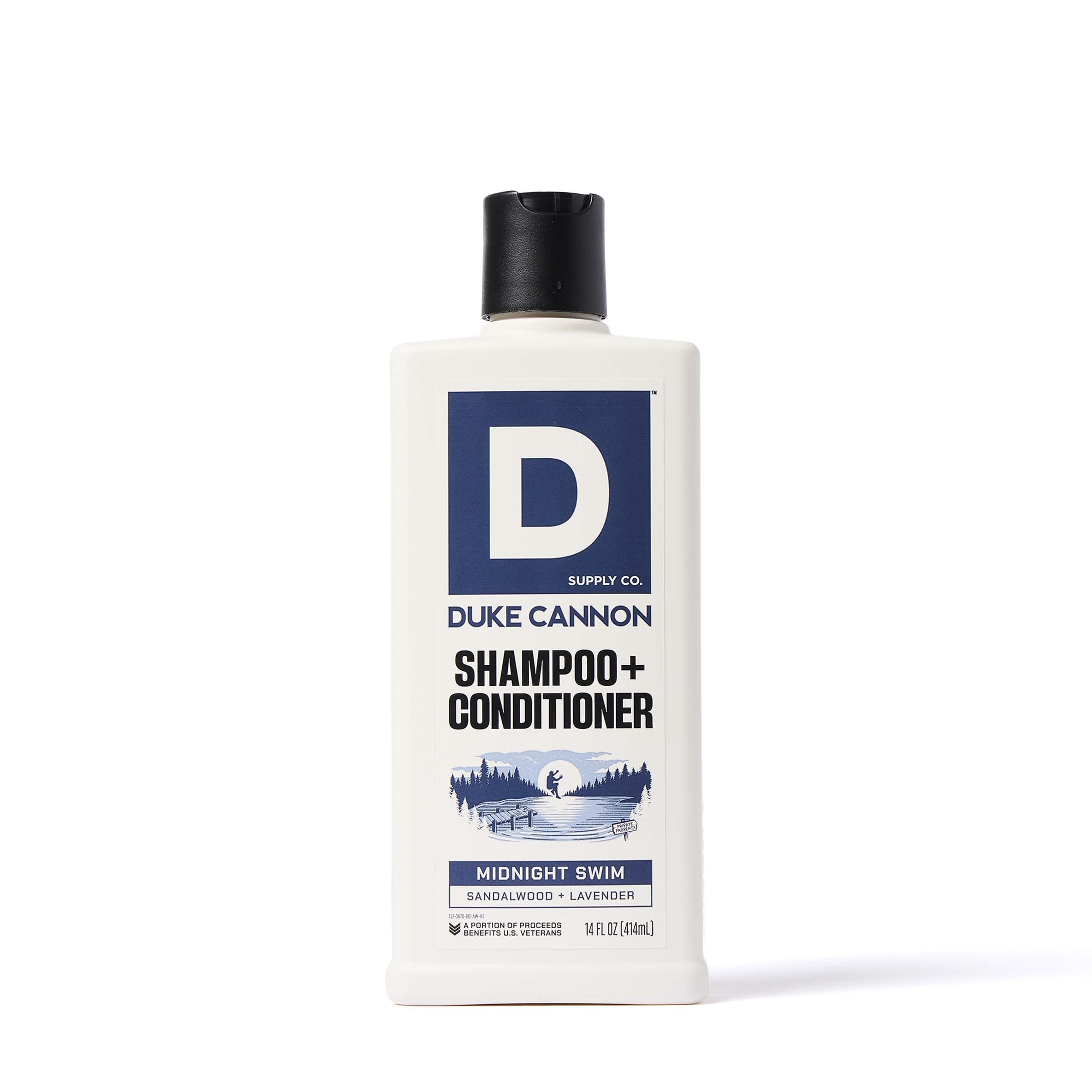 Duke Cannon Midnight Swim 2-en-1: frasco frontal, limpieza rápida para días ocupados.