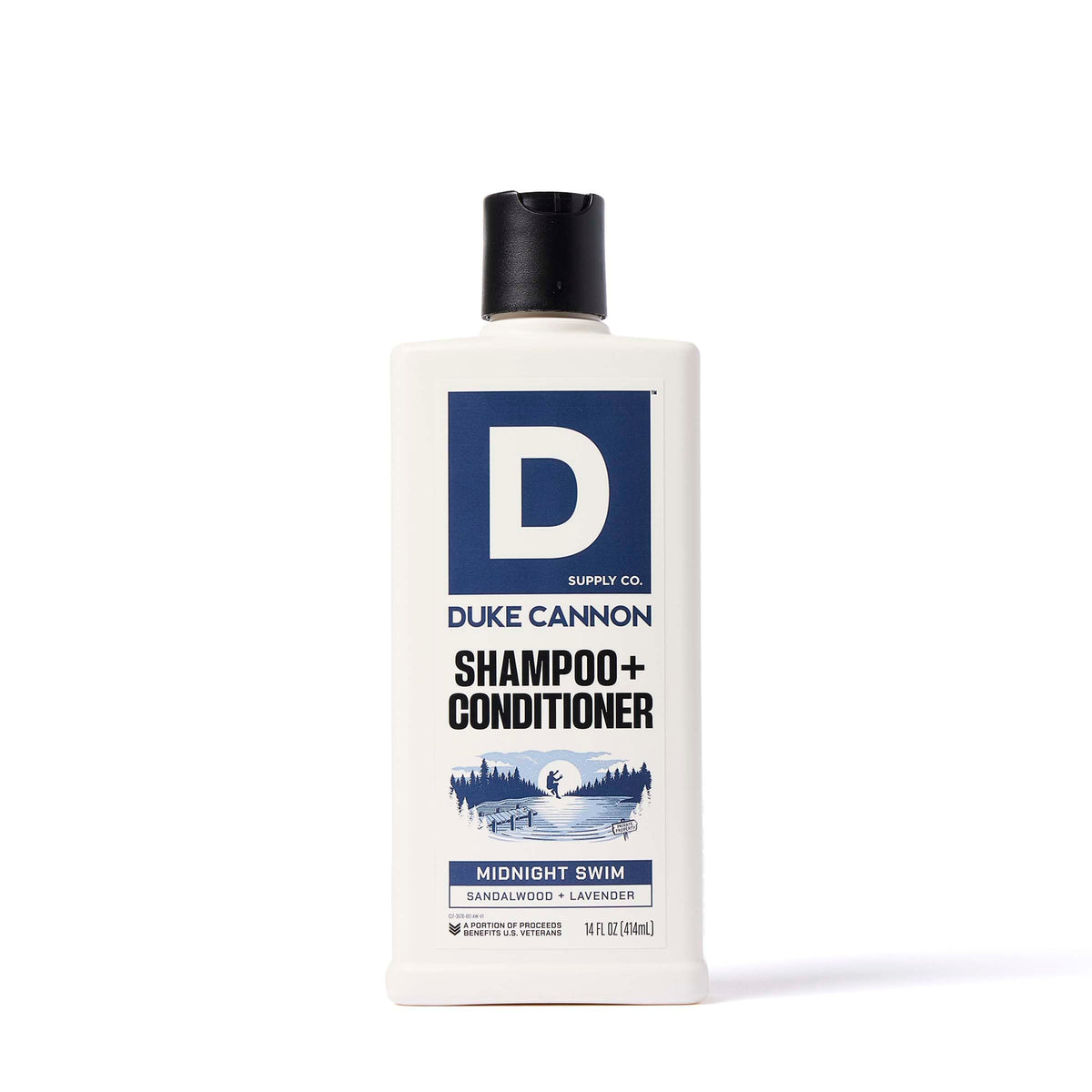 Duke Cannon Midnight Swim 2-en-1: frasco frontal, limpieza rápida para días ocupados.
