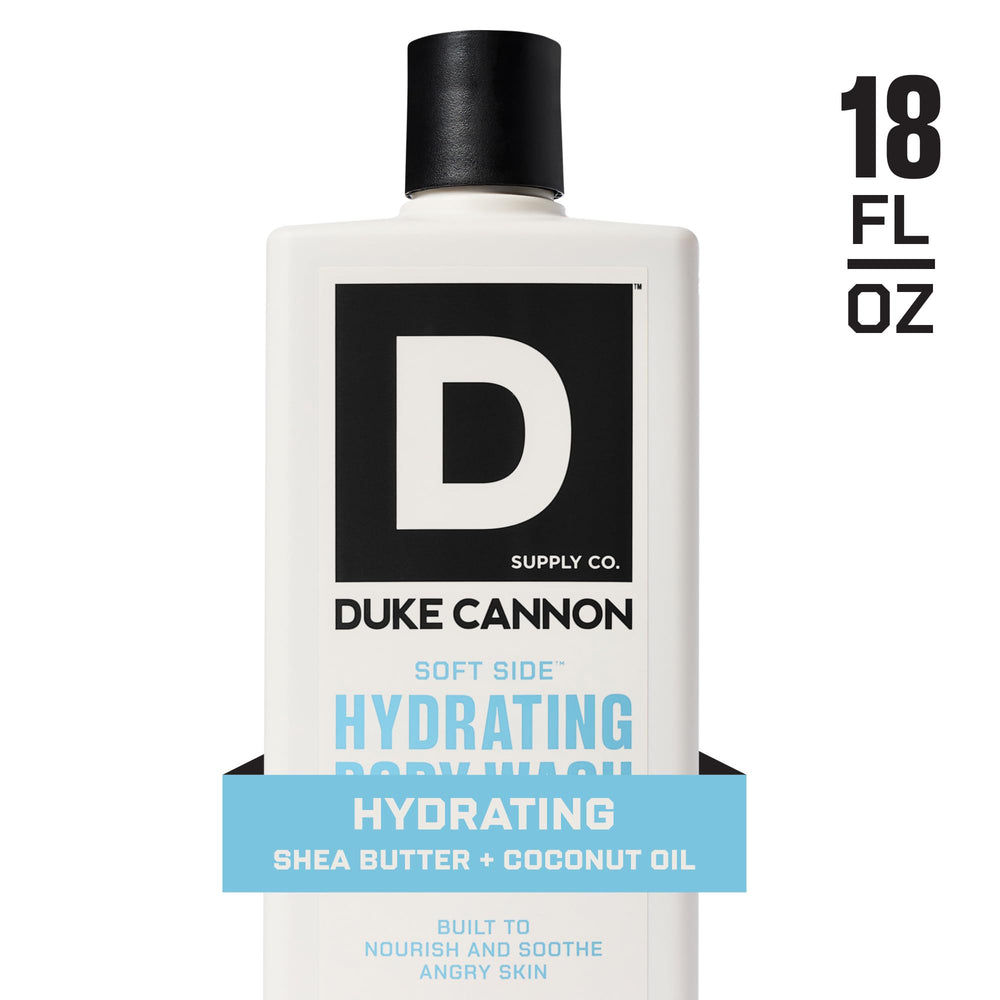 Duke Cannon Ducha Corporal Hidratante, etiqueta frontal con diseño robusto de hombres.