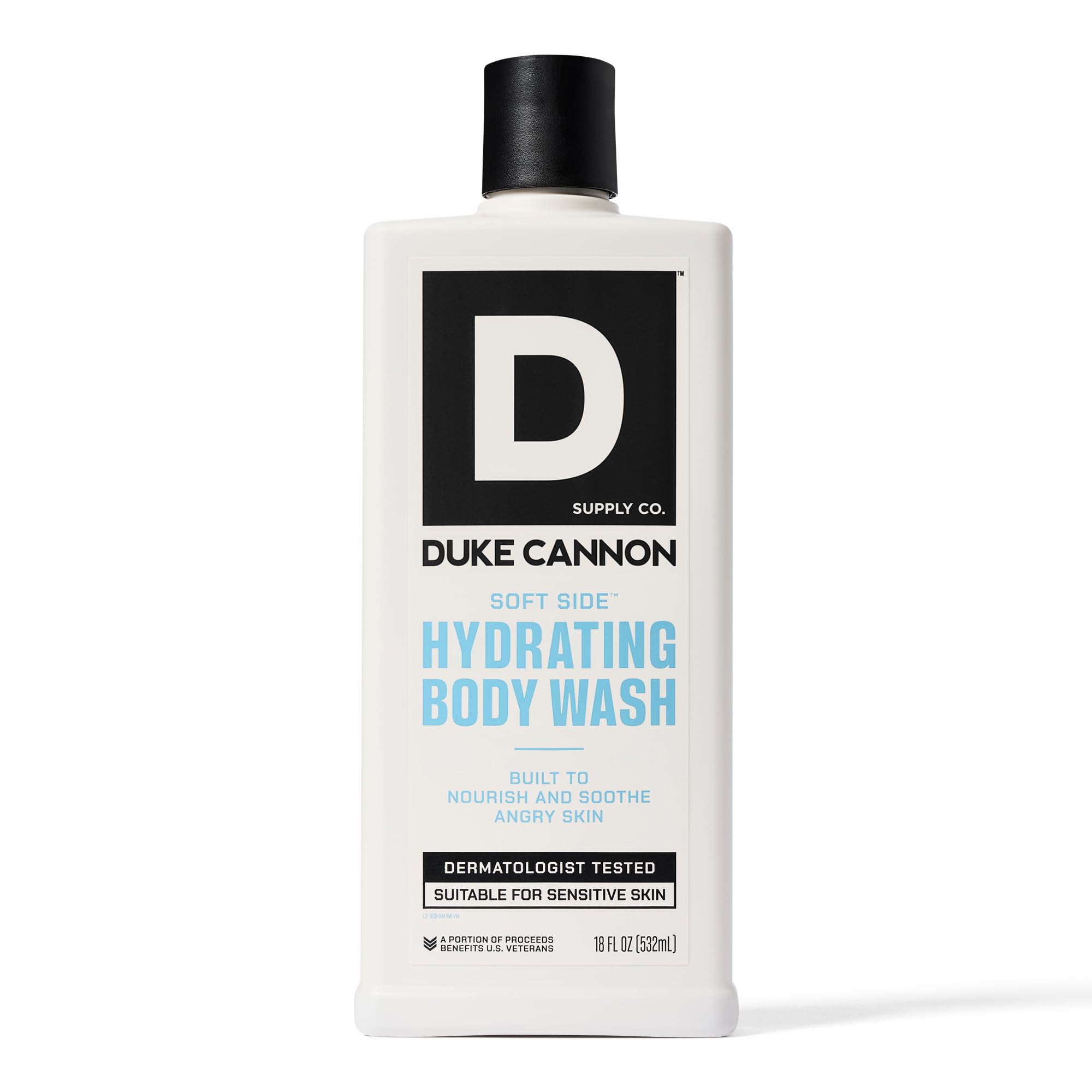 Duke Cannon Ducha Corporal Hidratante, frente de la botella, hidratación para piel seca.